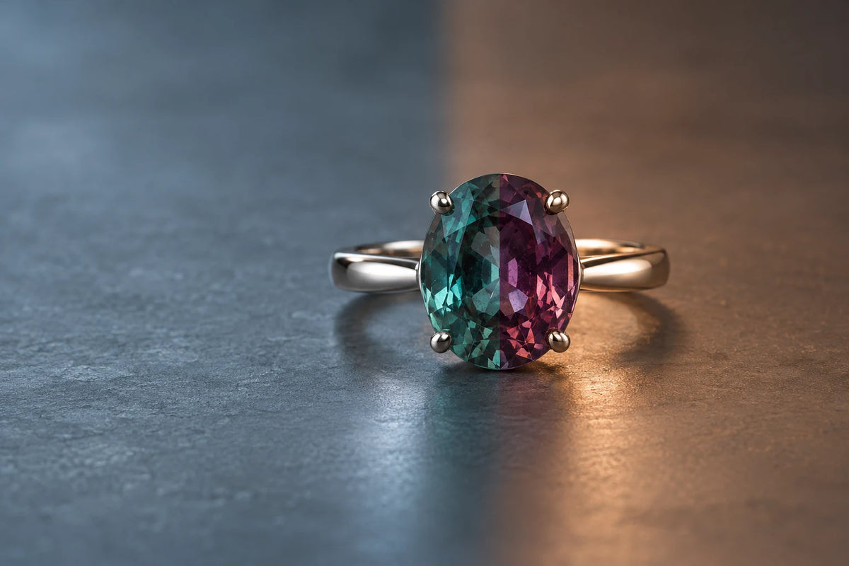 Alexandrite ring showing teal and raspberry color change under cool and warm light
