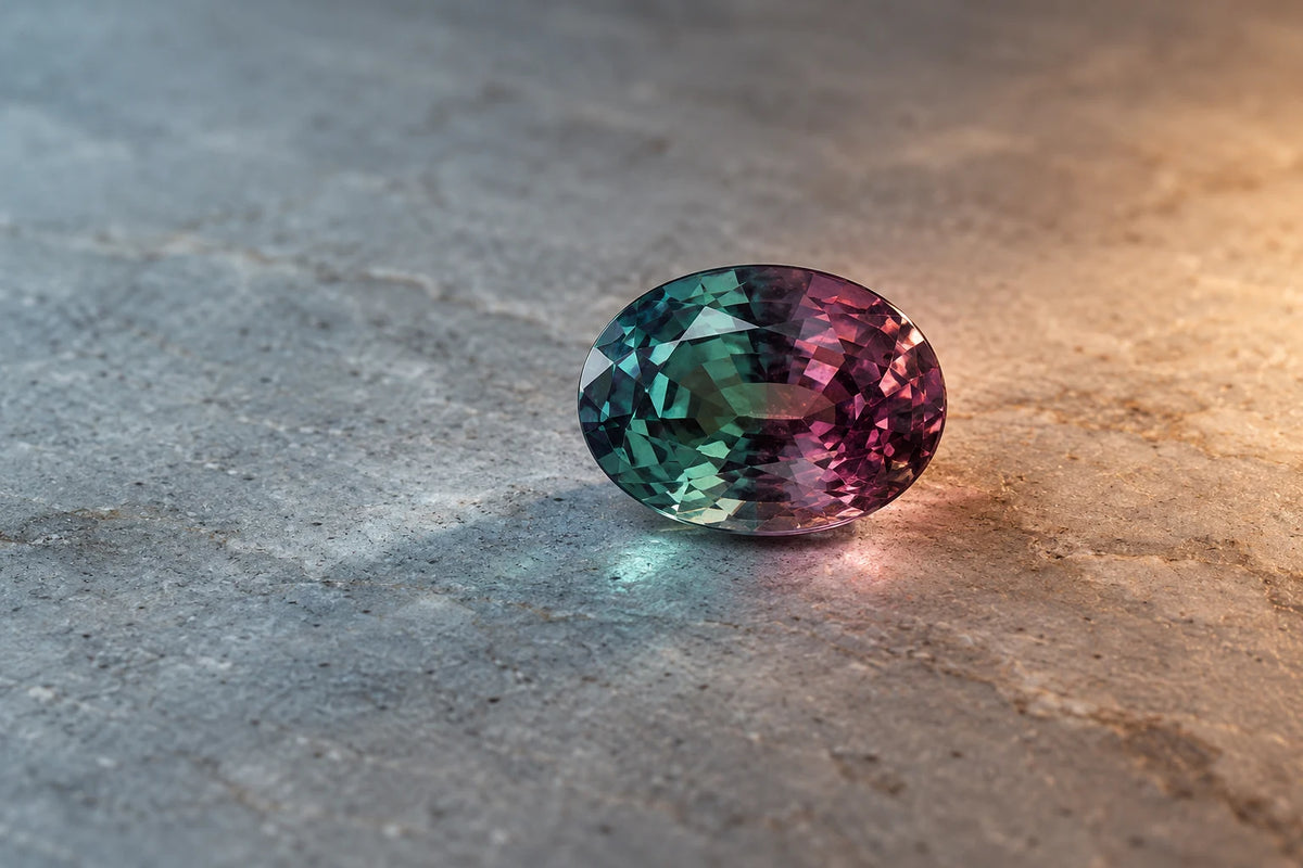 Faceted alexandrite gemstone showing teal and raspberry color under split lighting