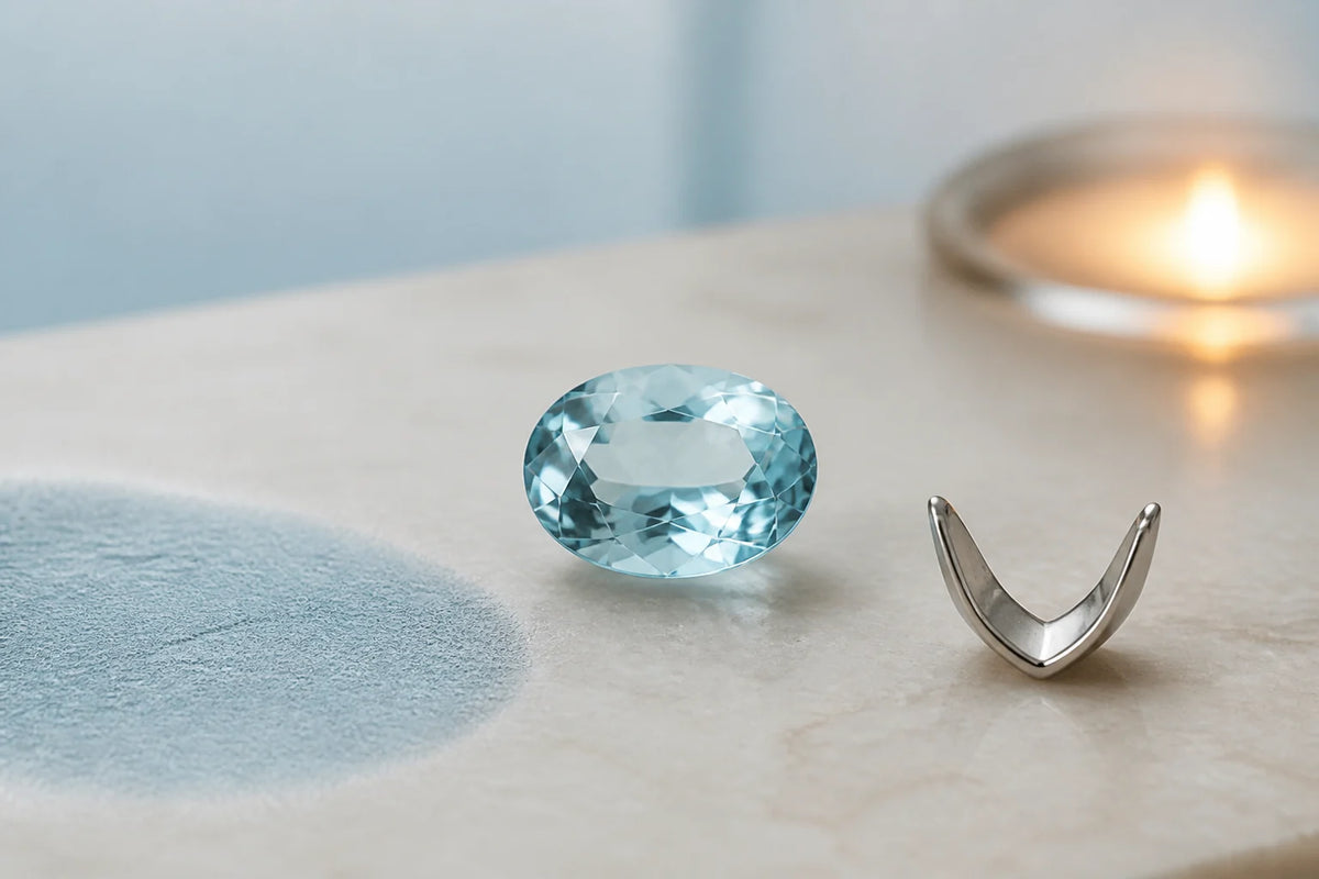 Editorial illustration of a pale blue gemstone and protective ring setting details