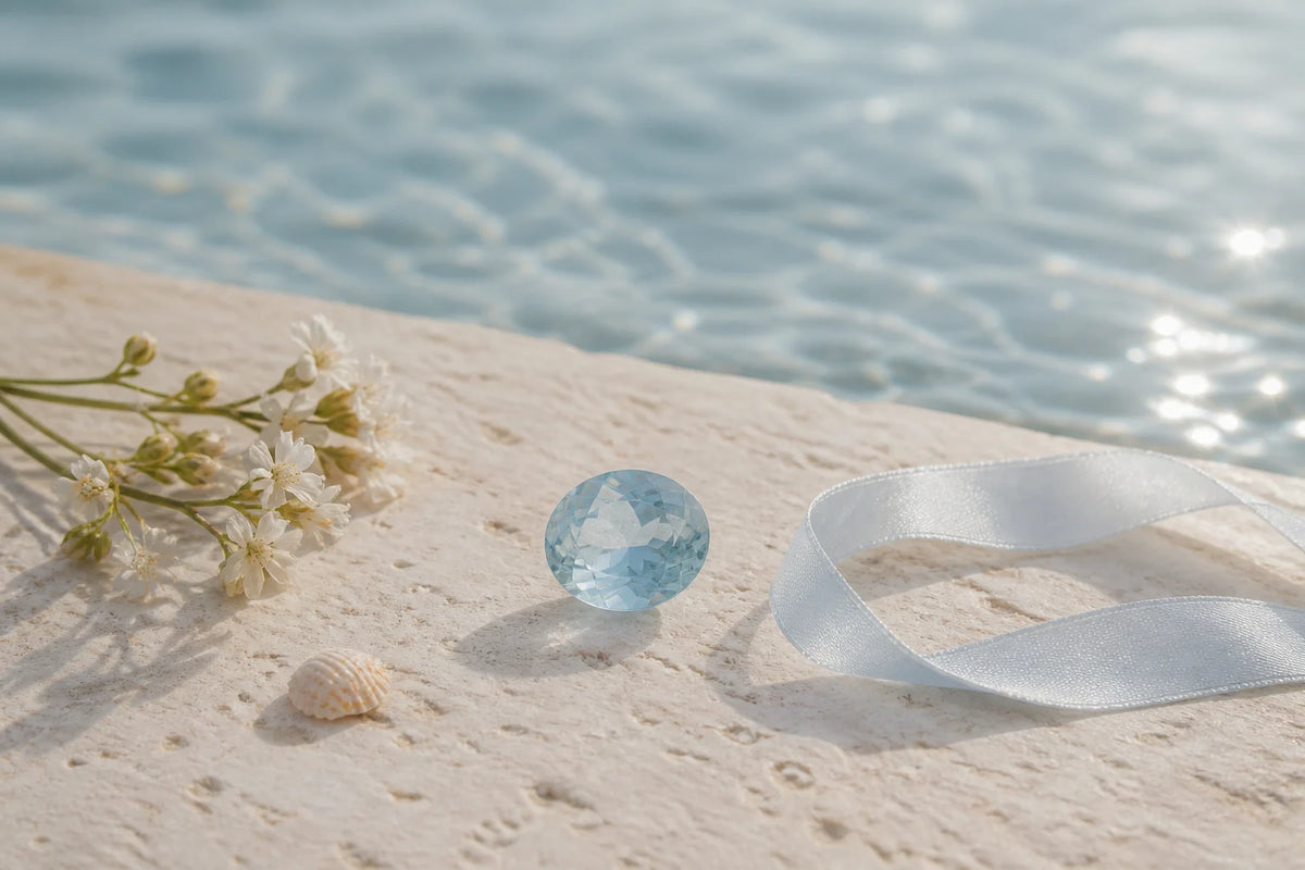 Editorial aquamarine gemstone beside white flowers, a seashell and pale blue ribbon near sunlit water