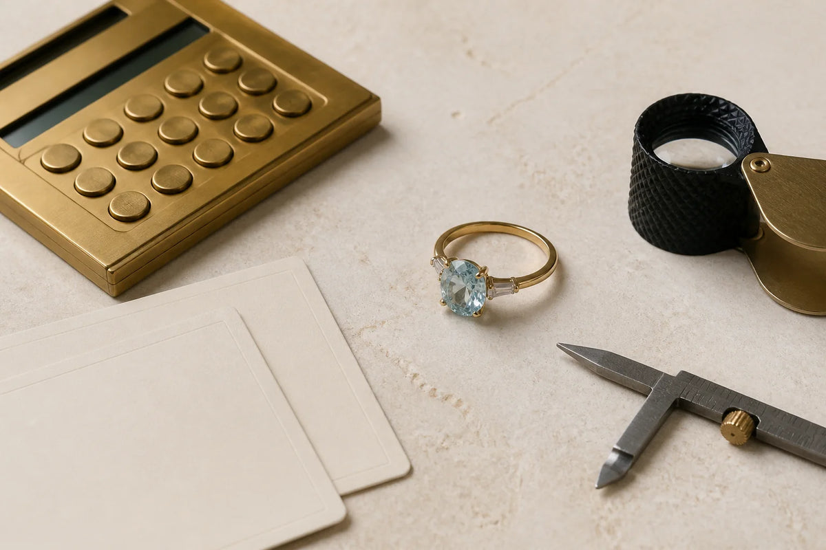 Aquamarine ring beside a calculator, loupe, gauge and blank comparison cards