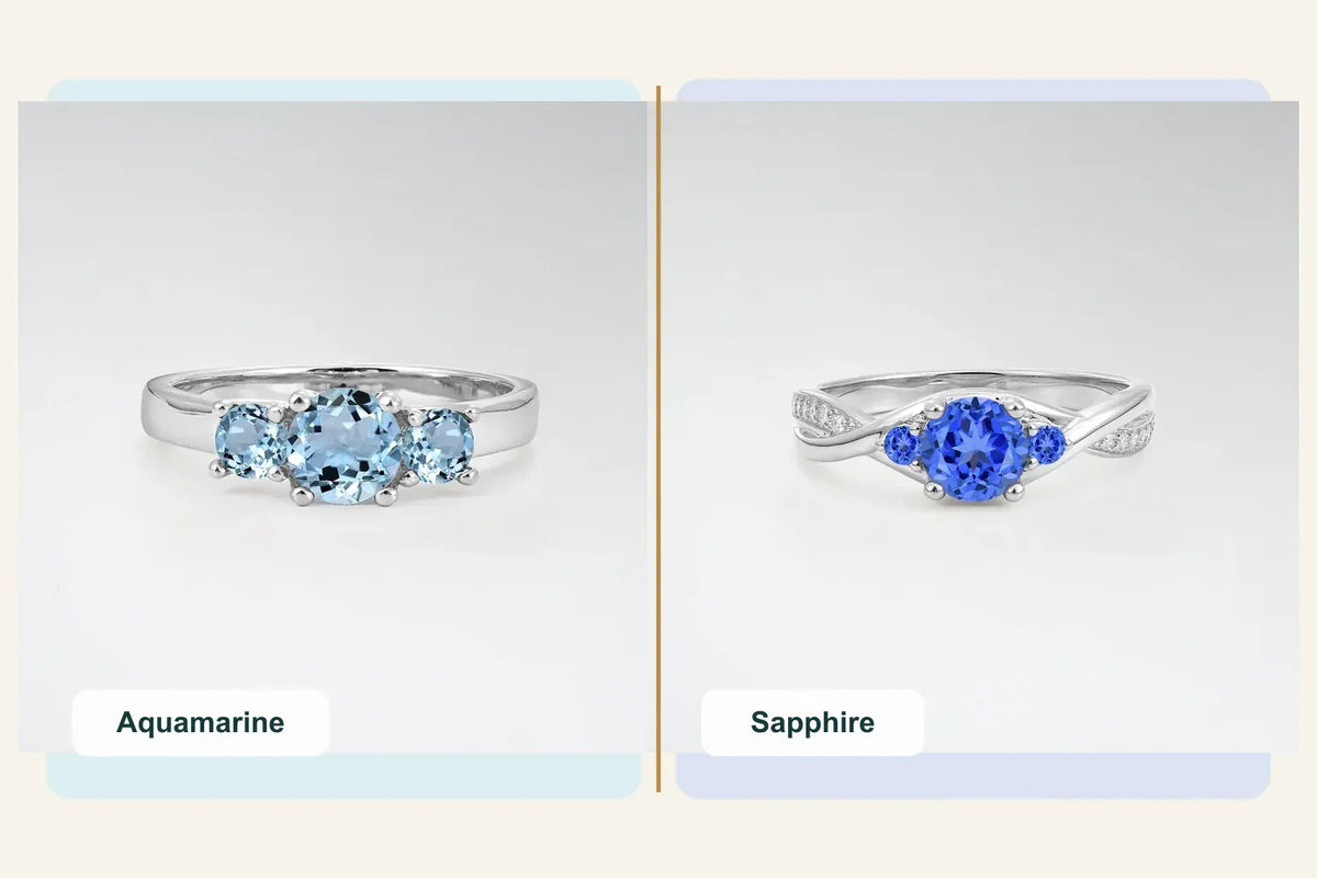 Current Clorosea aquamarine and sapphire ring examples shown side by side
