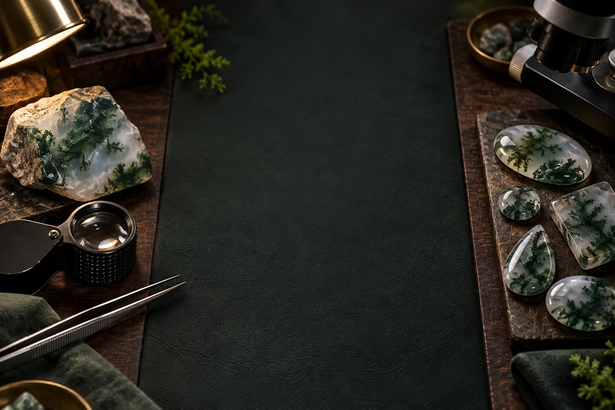 Moss agate specimens, a loupe, tweezers and a microscope arranged on a gemologist's workbench.