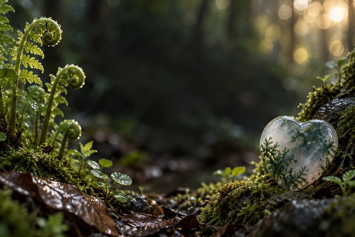 Heart-shaped moss agate beside unfurling fern fronds on a rain-damp woodland floor.