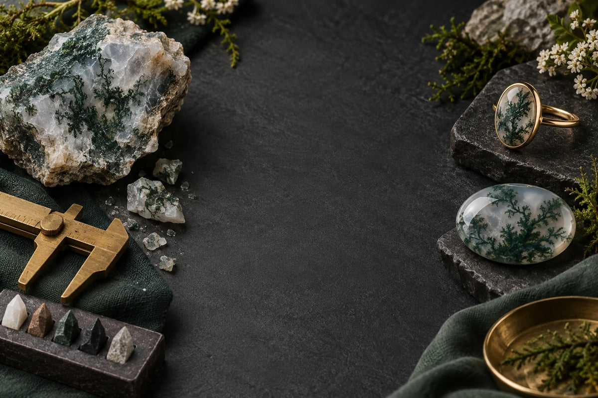 Rough and polished moss agate, a gold ring and measuring tools in a mineral study still life.