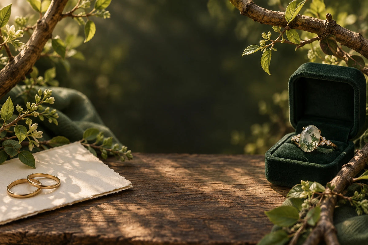 Moss agate engagement ring in a green velvet box framed by intertwined branches with new leaves.
