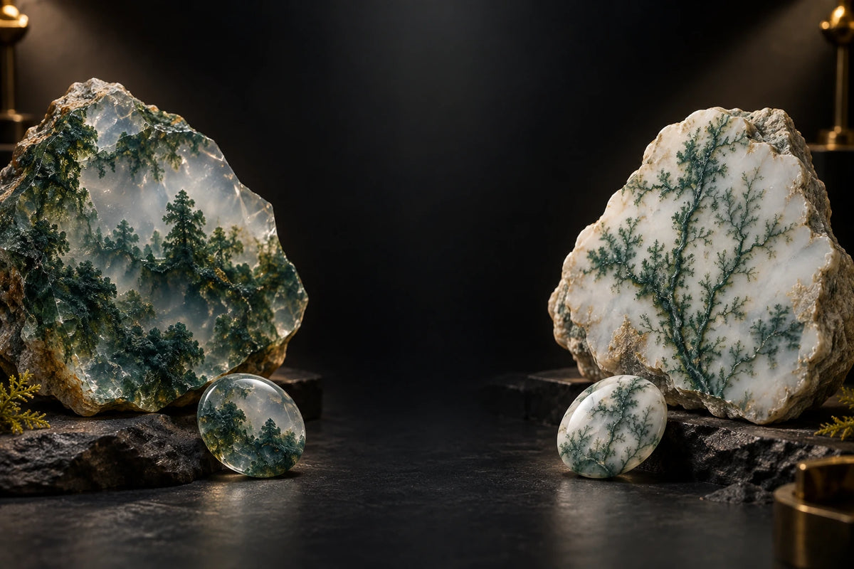 Translucent moss agate and milky tree agate specimens displayed side by side under museum lighting.