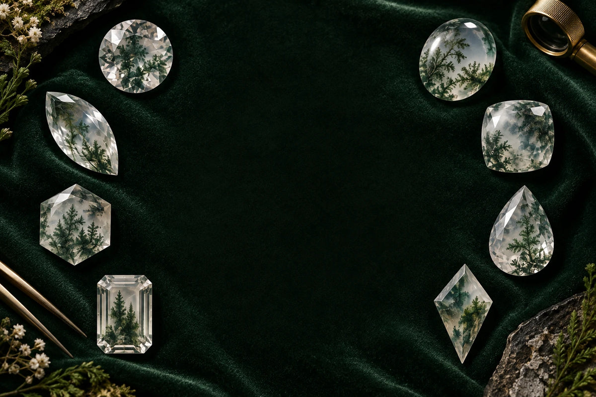 Eight moss agate gemstone shapes arranged around dark green velvet, including oval, pear, kite and emerald cuts.