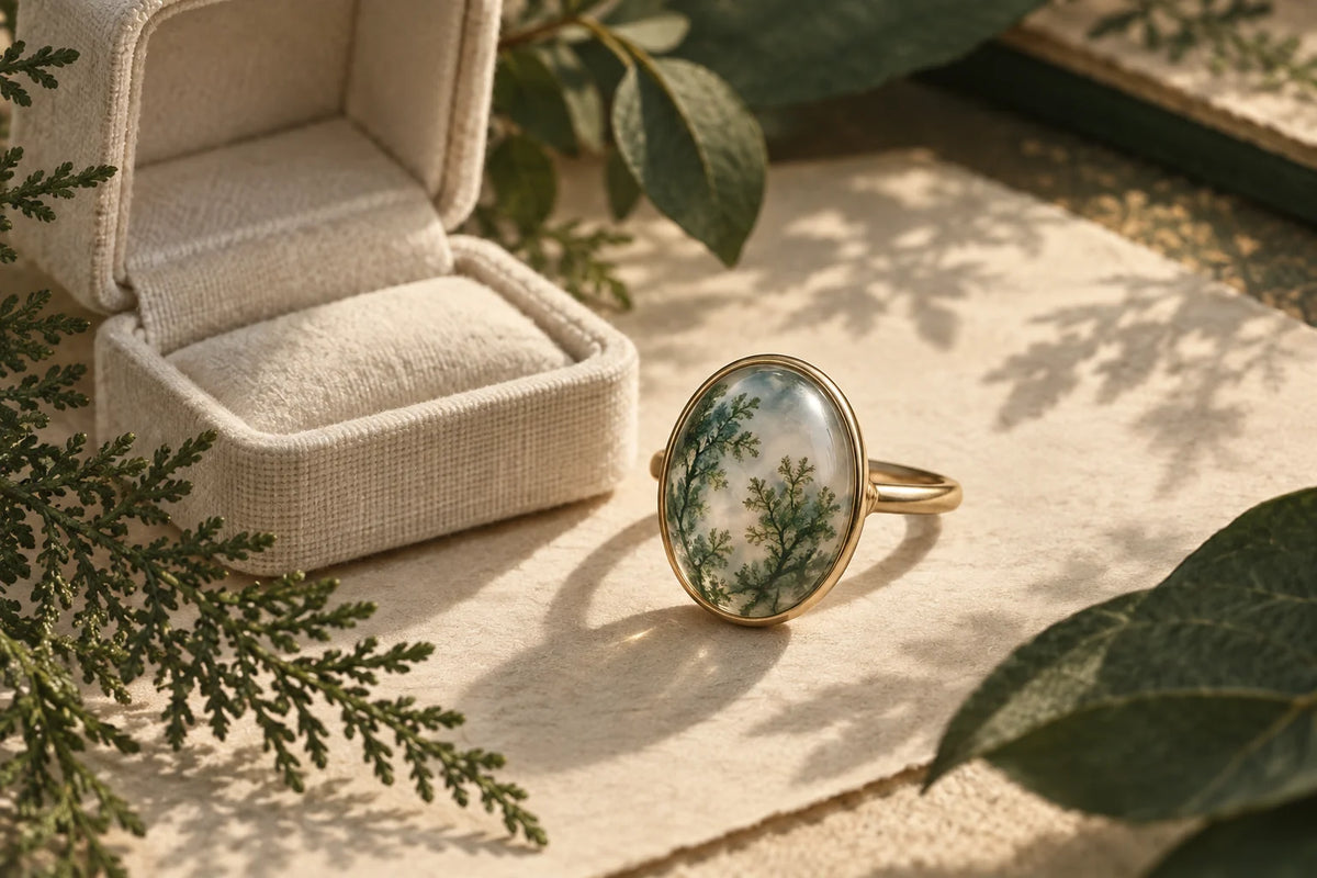 AI-generated editorial illustration of an oval moss agate ring beside an ivory ring box.