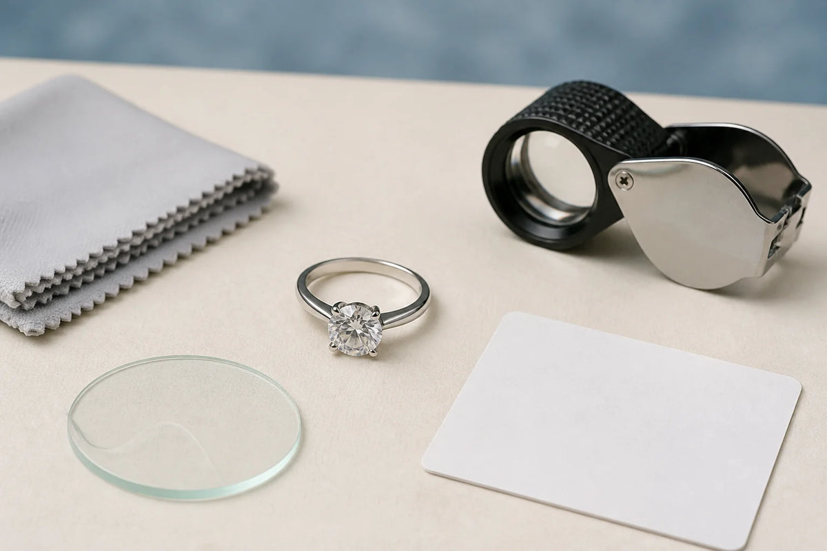 Moissanite ring with a loupe, cloth and inspection tools on a neutral work surface