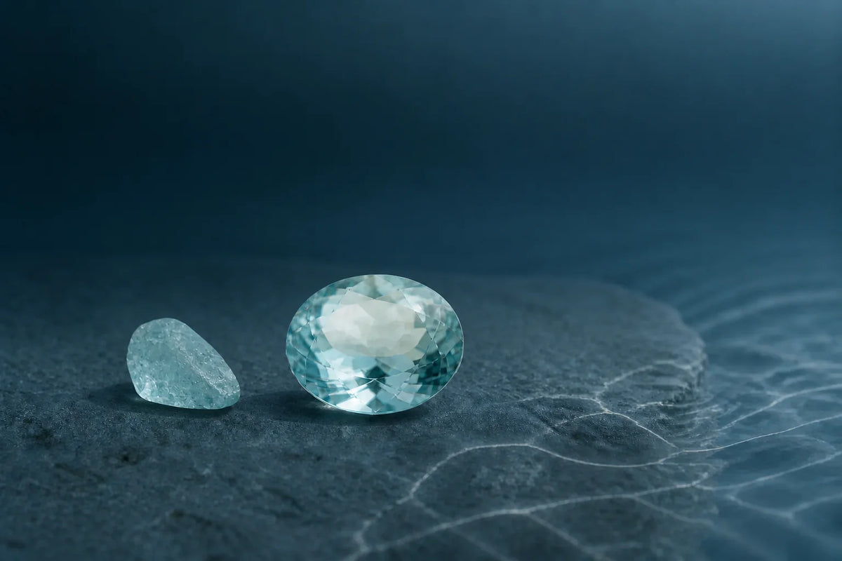Editorial illustration of a pale blue faceted gemstone inspired by aquamarine