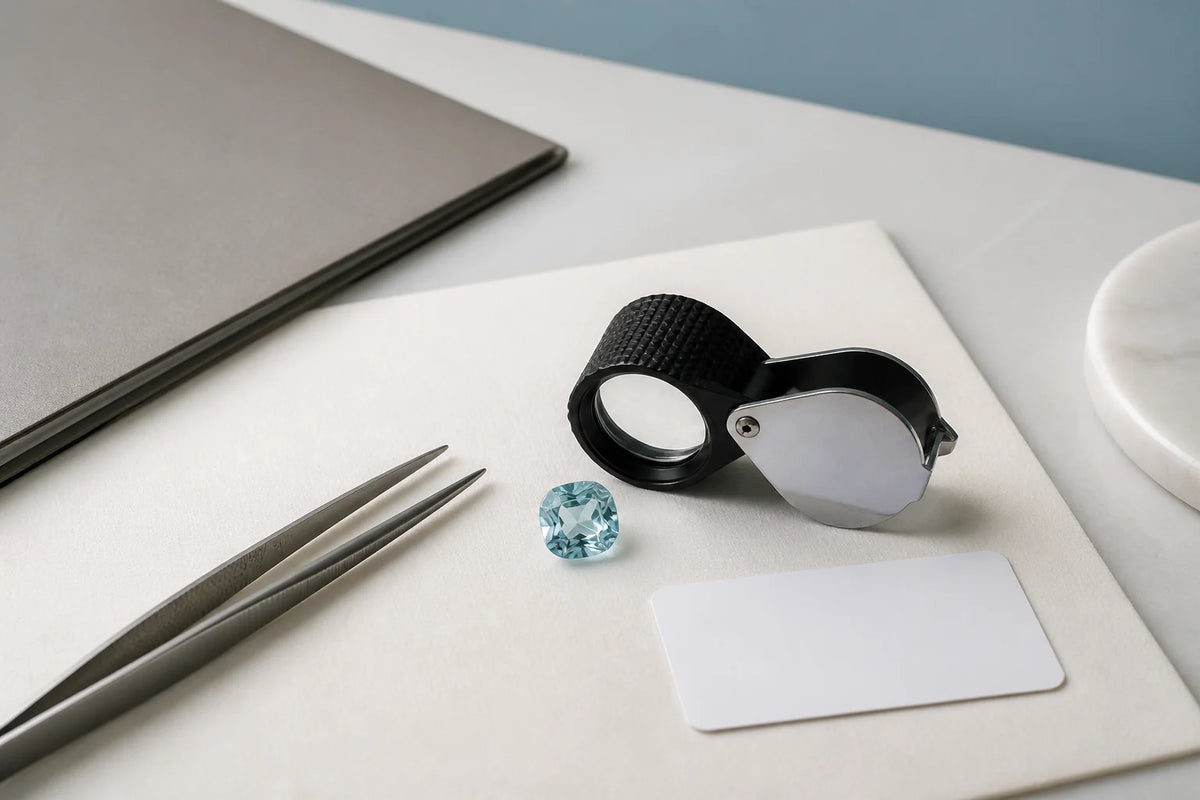 Loupe, tweezers and pale blue gemstone arranged for an aquamarine evidence review