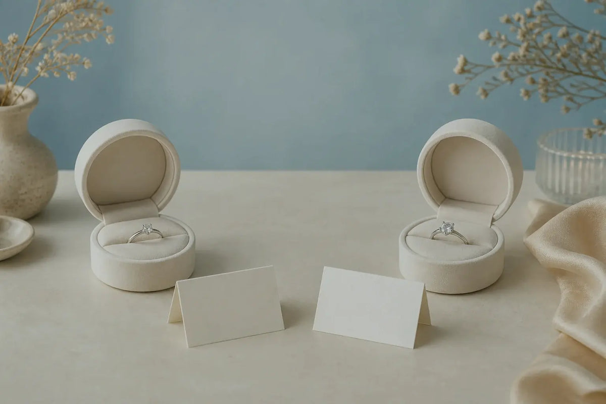 Two similar rings in separate boxes illustrating that meaning, not appearance, defines the commitment