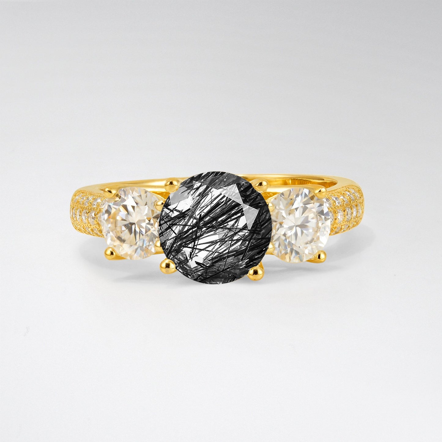Round Cut Black Rutilated Quartz Three-Stone Engagement Ring - Additional view