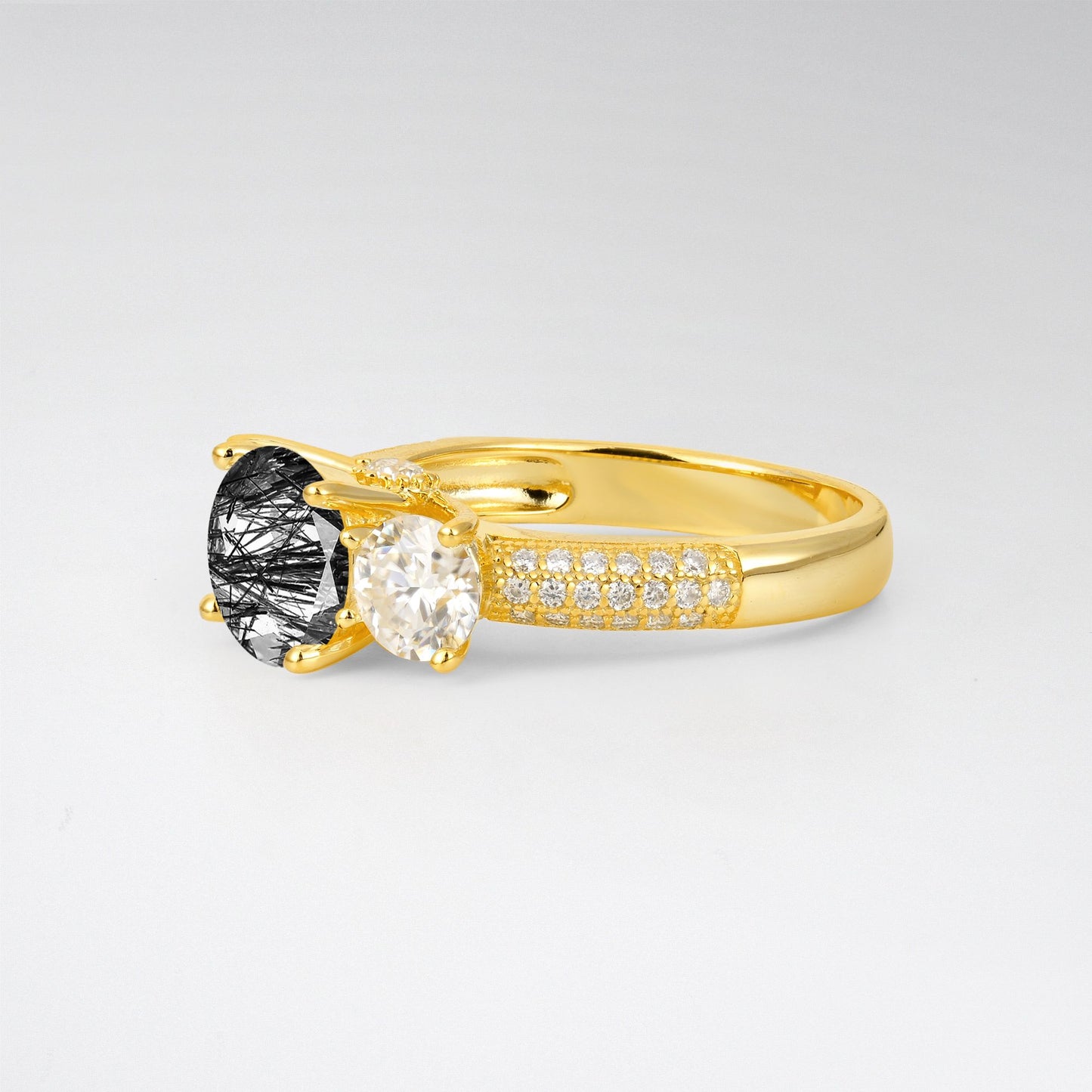 Round Cut Black Rutilated Quartz Three-Stone Engagement Ring - Additional view