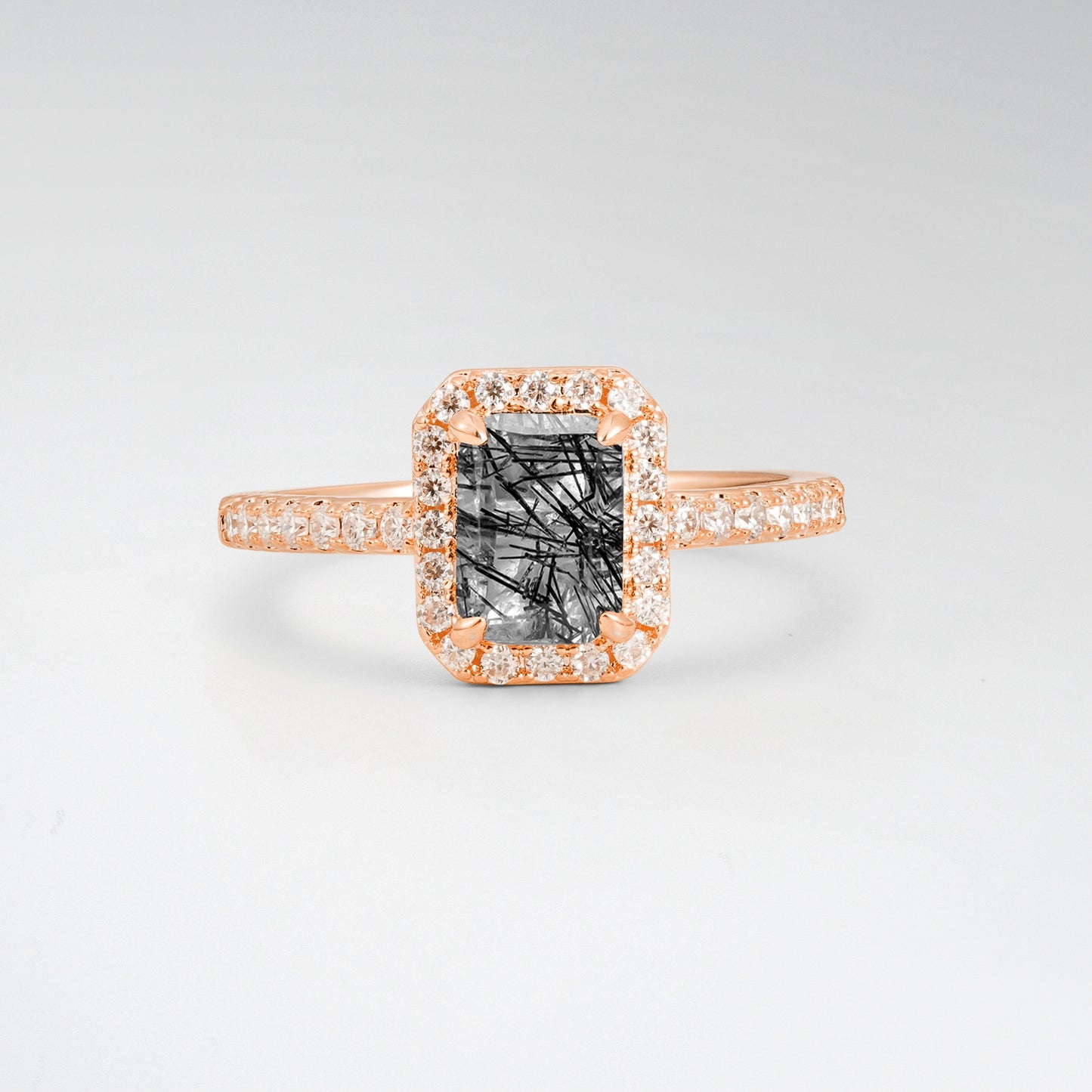 Halo Emerald Cut Black Rutilated Quartz 1.5CT Engagement Ring - Additional view