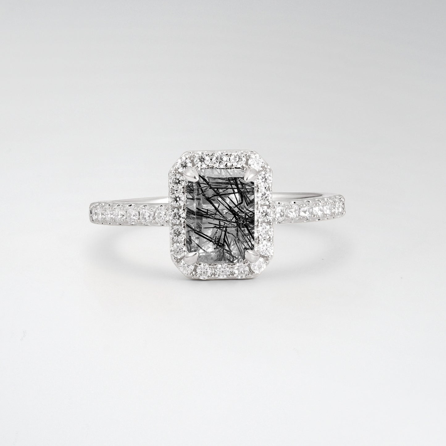 Halo Emerald Cut Black Rutilated Quartz 1.5CT Engagement Ring - Additional view