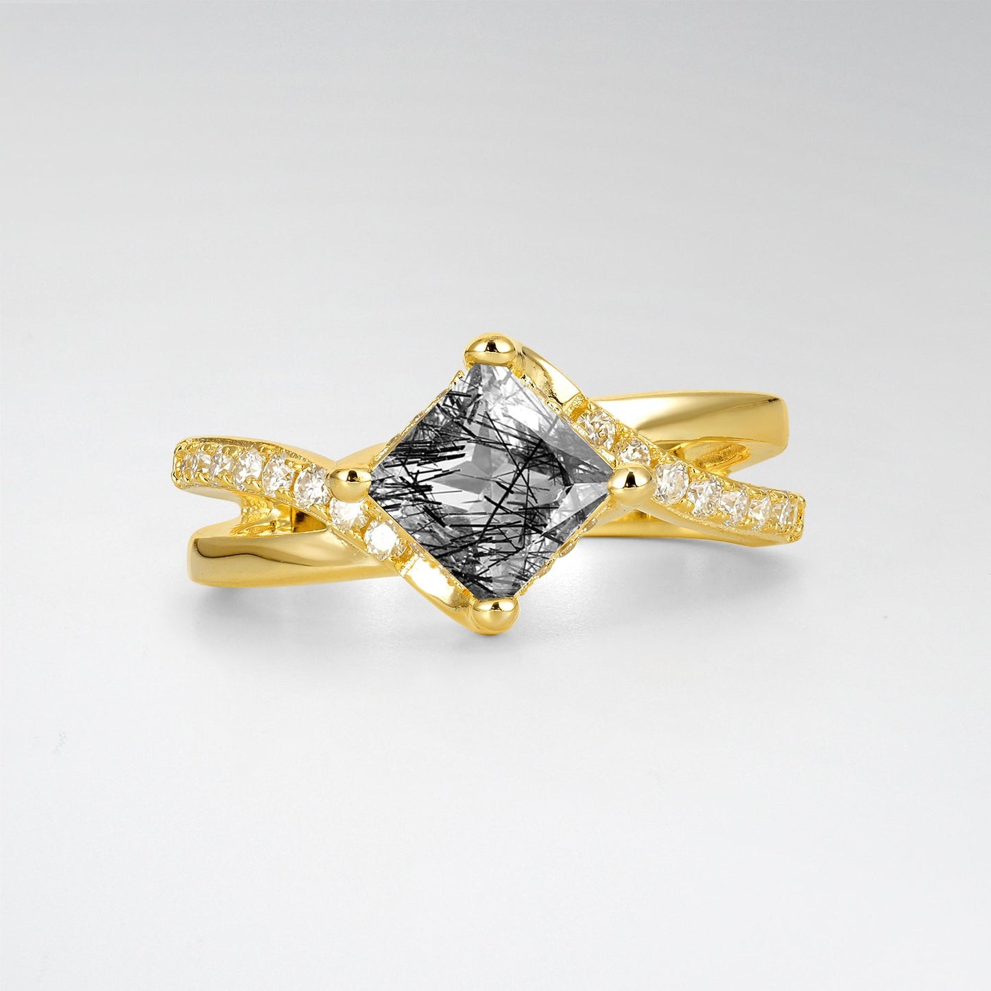 Princess Cut Black Rutilated Quartz Split Shank Engagement Ring - Additional view