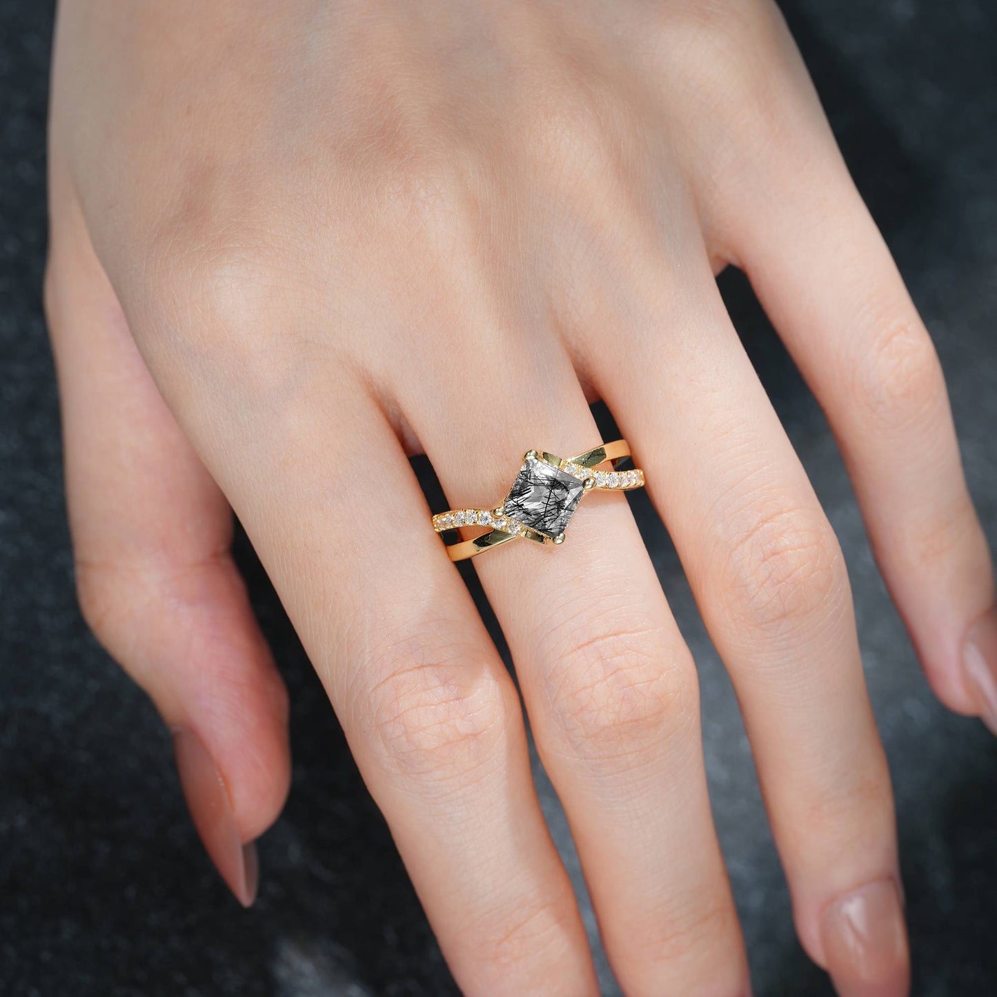 Princess Cut Black Rutilated Quartz Split Shank Engagement Ring - Additional view