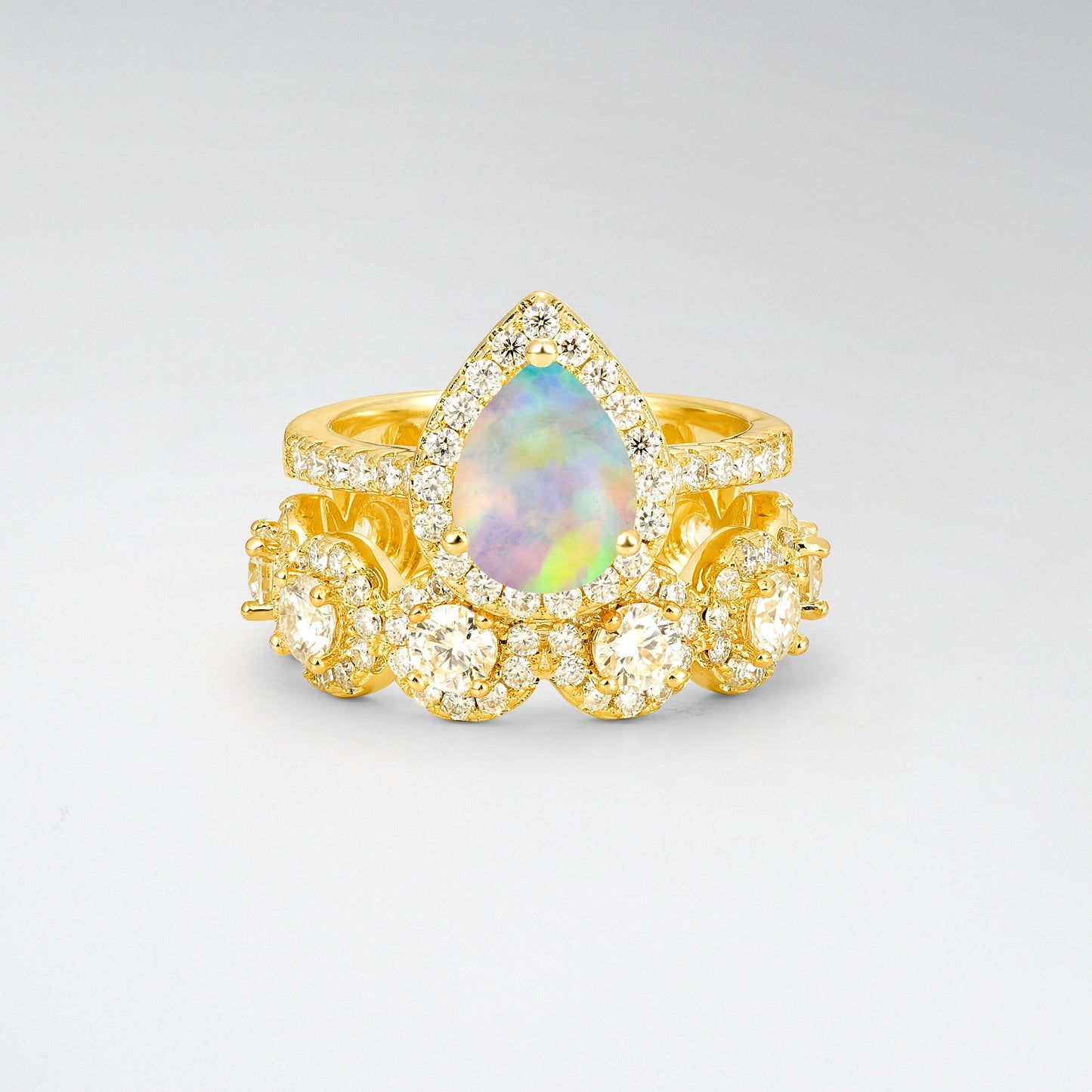 Pear Cut Opal Halo Contoured Engagement Ring Set - Yellow-Gold