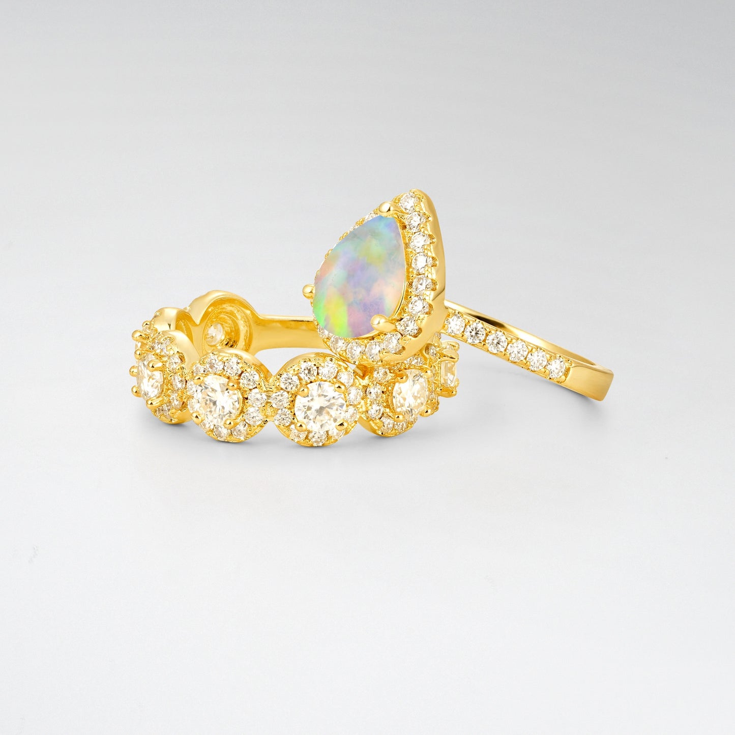 Pear Cut Opal Halo Contoured Engagement Ring Set - Rose-Gold