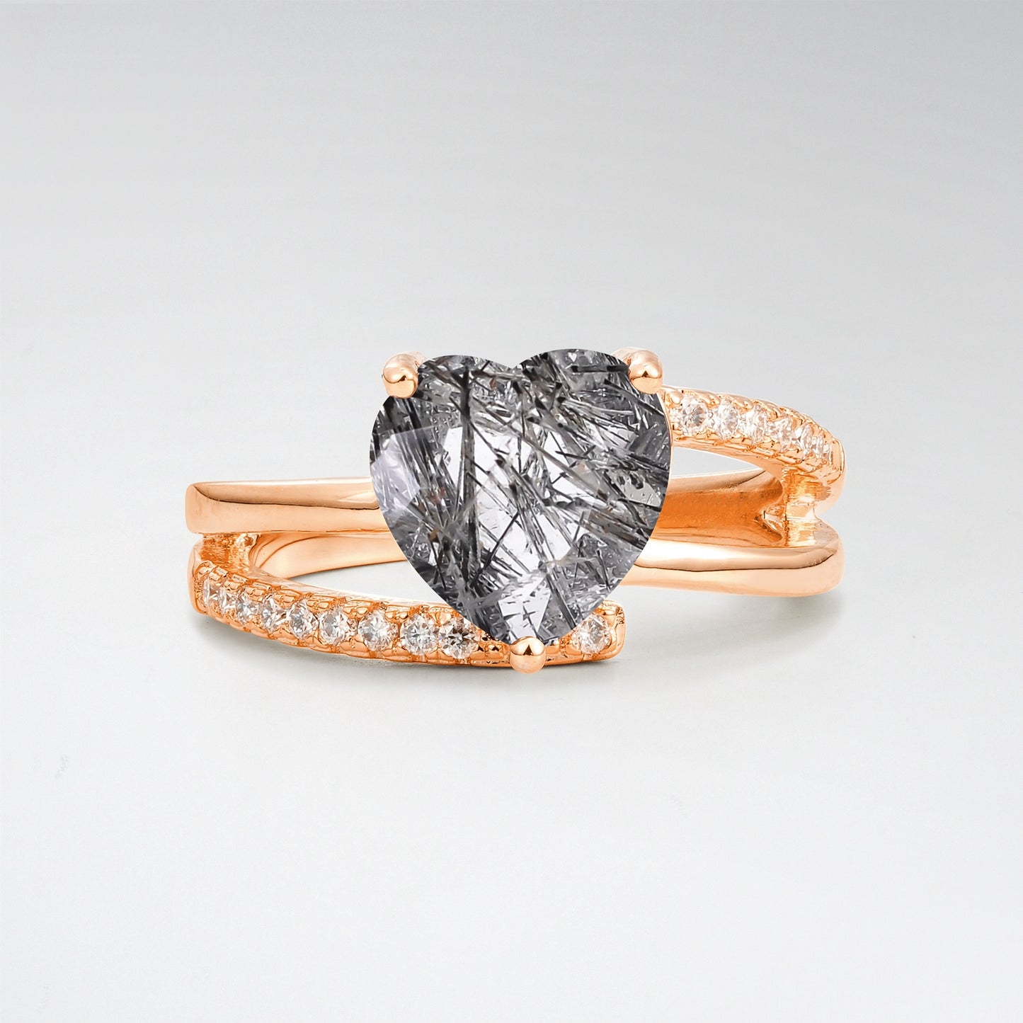 3CT Romantic Heart Cut Black Rutilated Quartz Bypass Pave Band Engagement Ring - Additional view