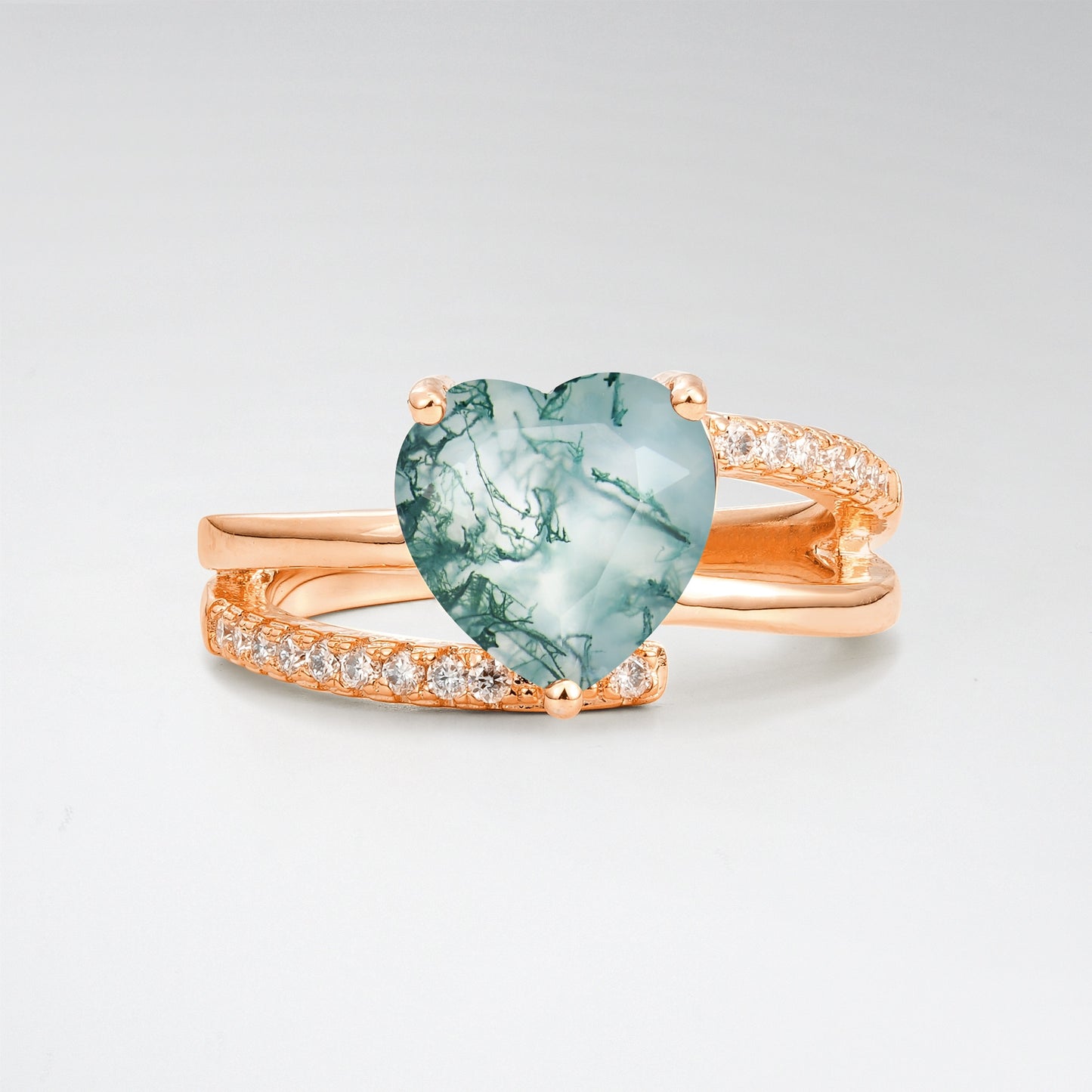 3CT Romantic Heart Cut Moss Agate Bypass Pave Band Engagement Ring - Additional view