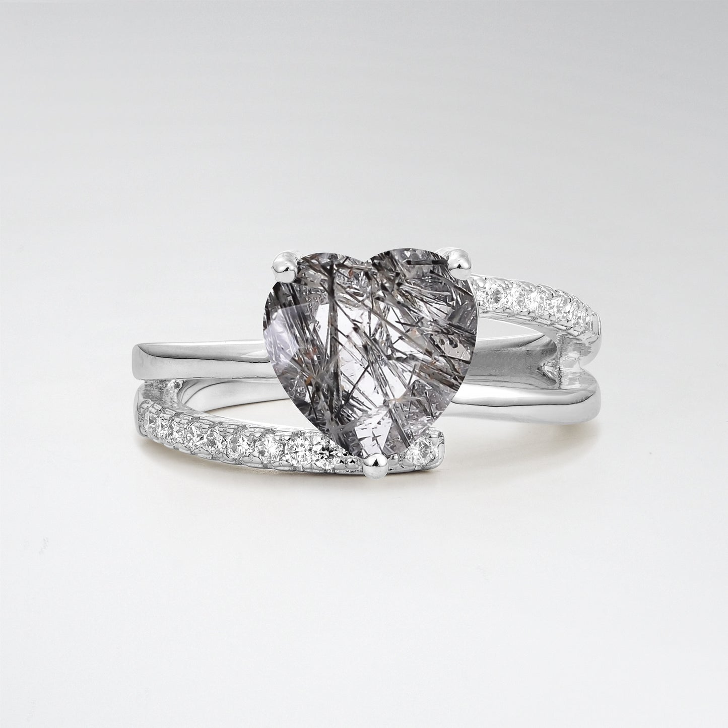 3CT Romantic Heart Cut Black Rutilated Quartz Bypass Pave Band Engagement Ring - Additional view