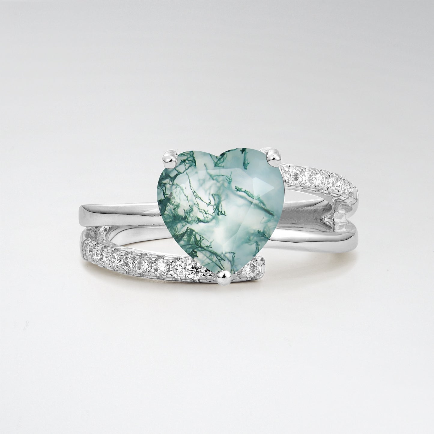 3CT Romantic Heart Cut Moss Agate Bypass Pave Band Engagement Ring - Additional view