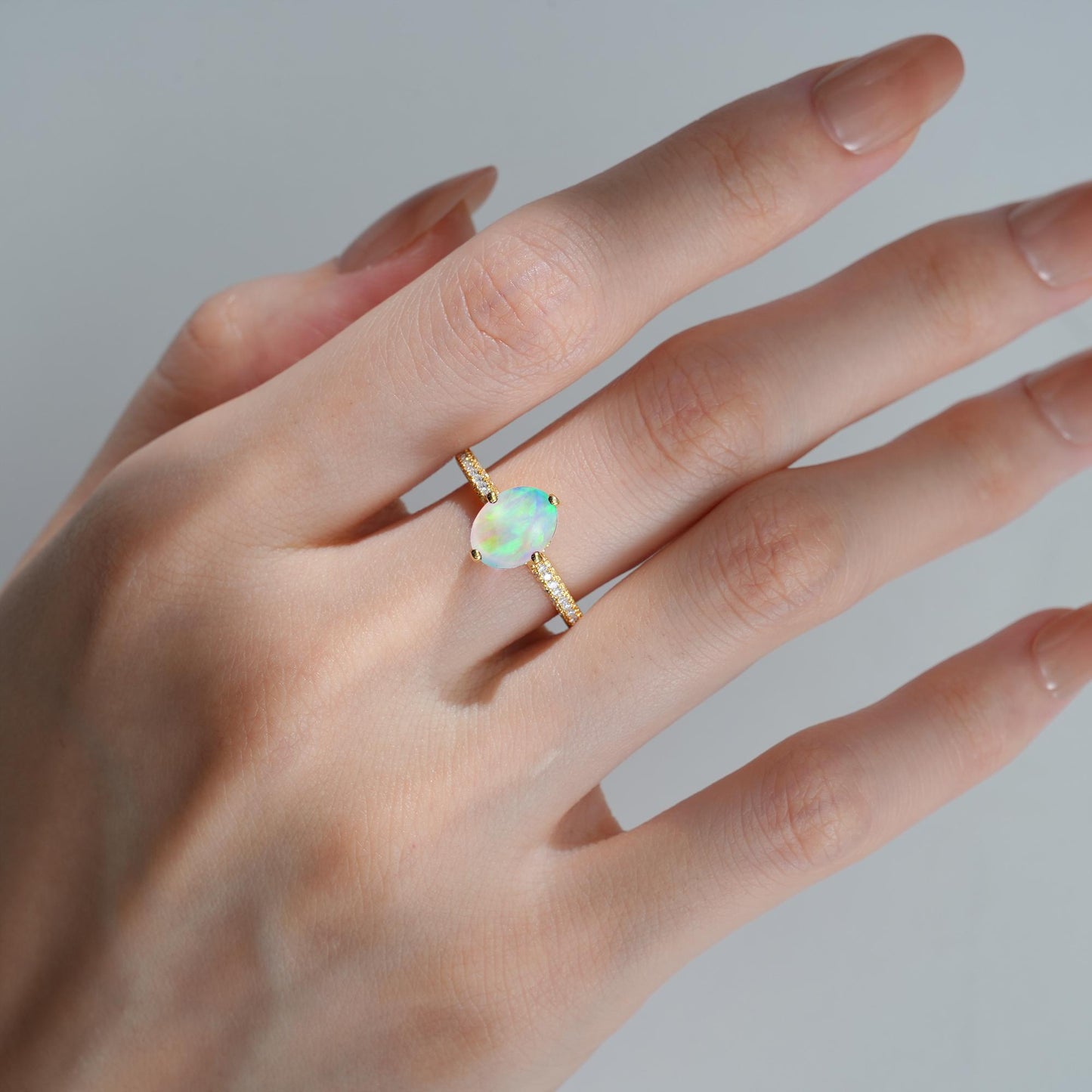 Oval Cut Opal Pave Band Engagement Ring - Additional view