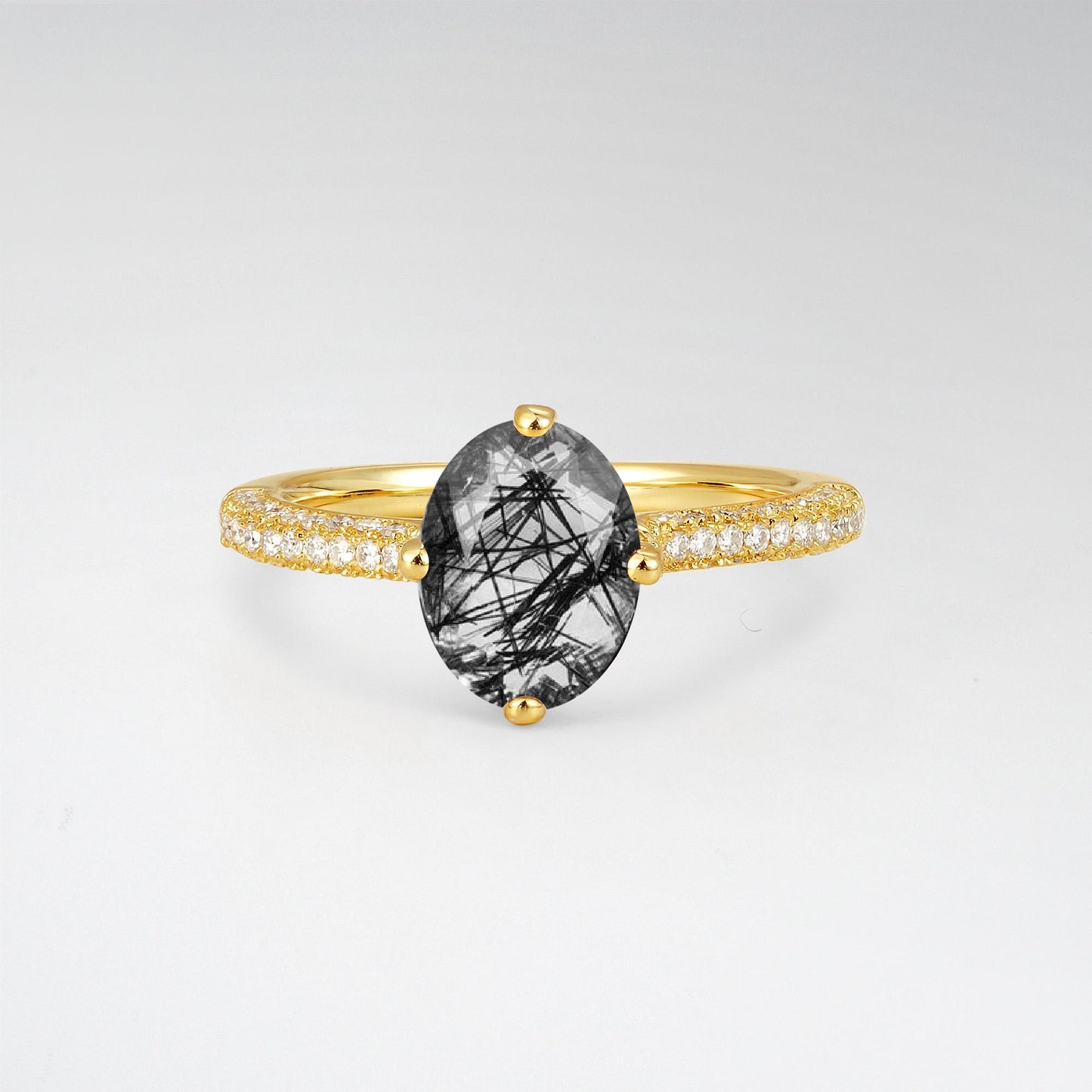 Oval Cut Black Rutilated Quartz Pave Band Engagement Ring - Additional view