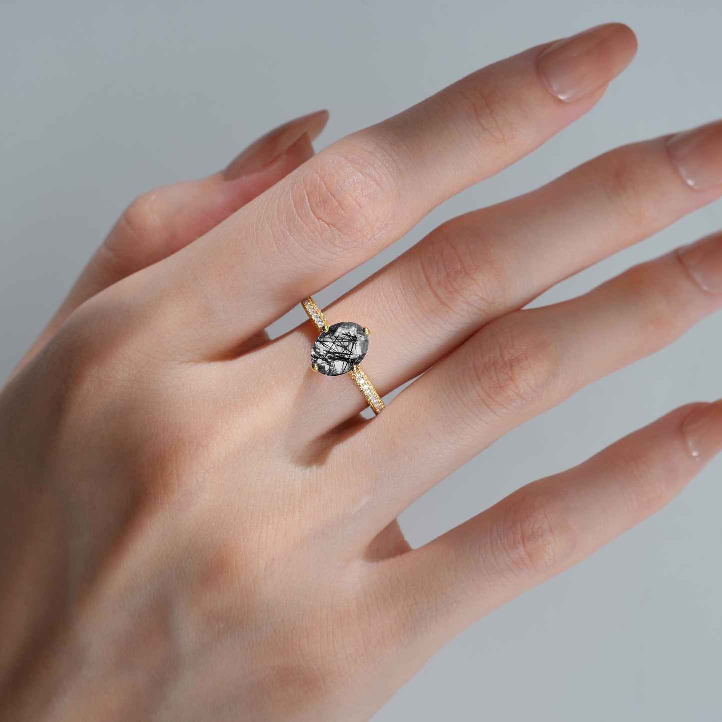 Oval Cut Black Rutilated Quartz Pave Band Engagement Ring - Additional view
