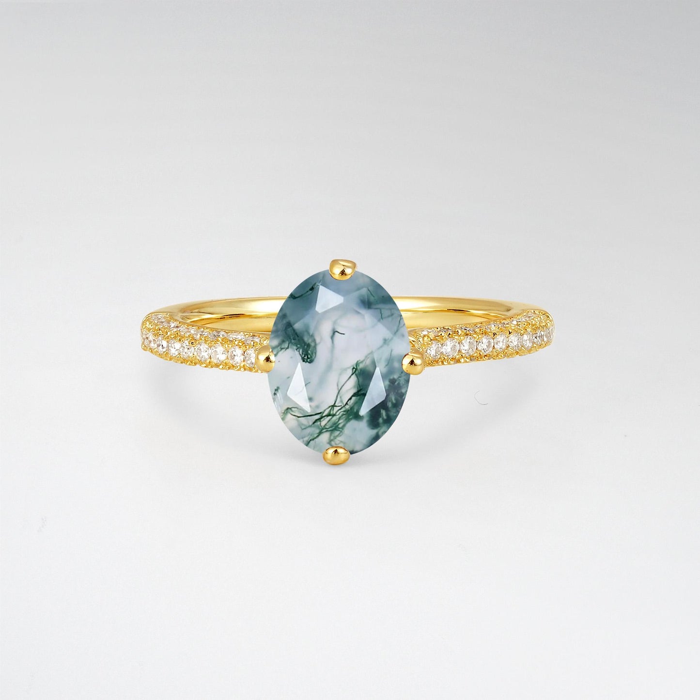 Oval Cut Moss Agate Pave Band Engagement Ring - Additional view
