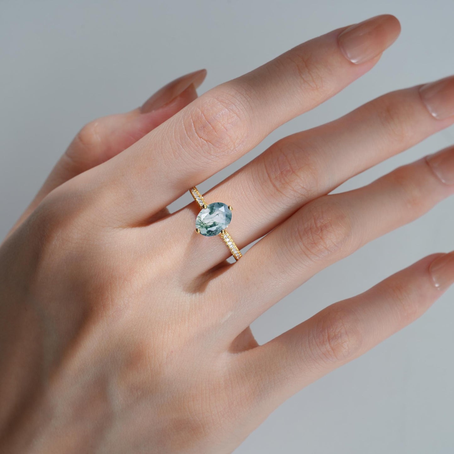 Oval Cut Moss Agate Pave Band Engagement Ring - Additional view