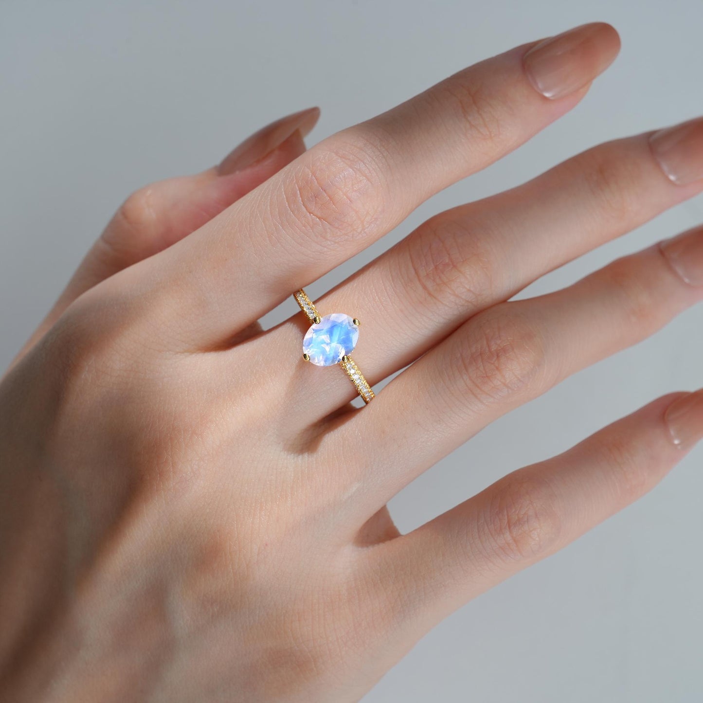 Oval Cut Moonstone Pave Band Engagement Ring - Additional view