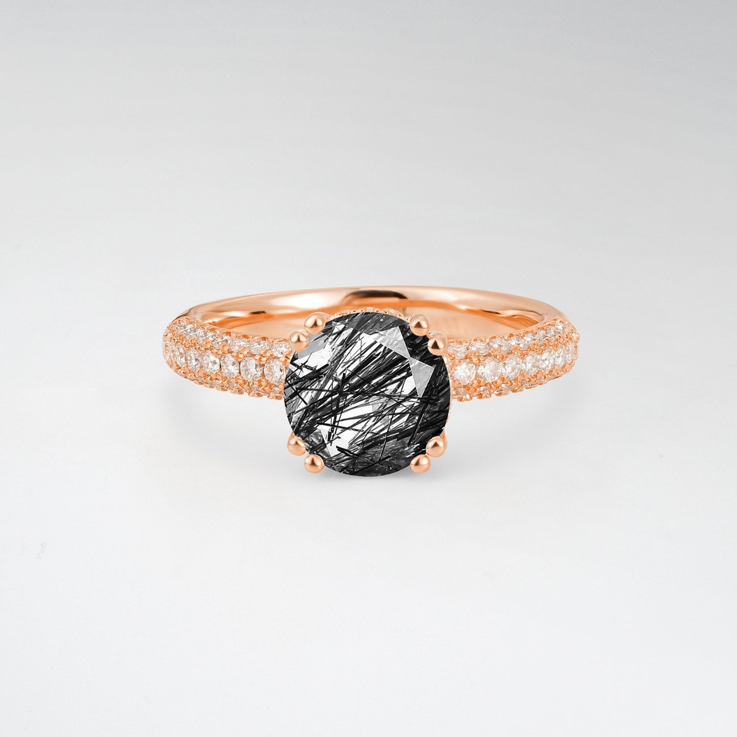 Luxurious Round Cut Black Rutilated Quartz 1.5CT Triple-Row Pave Band Engagement Ring - Additional view