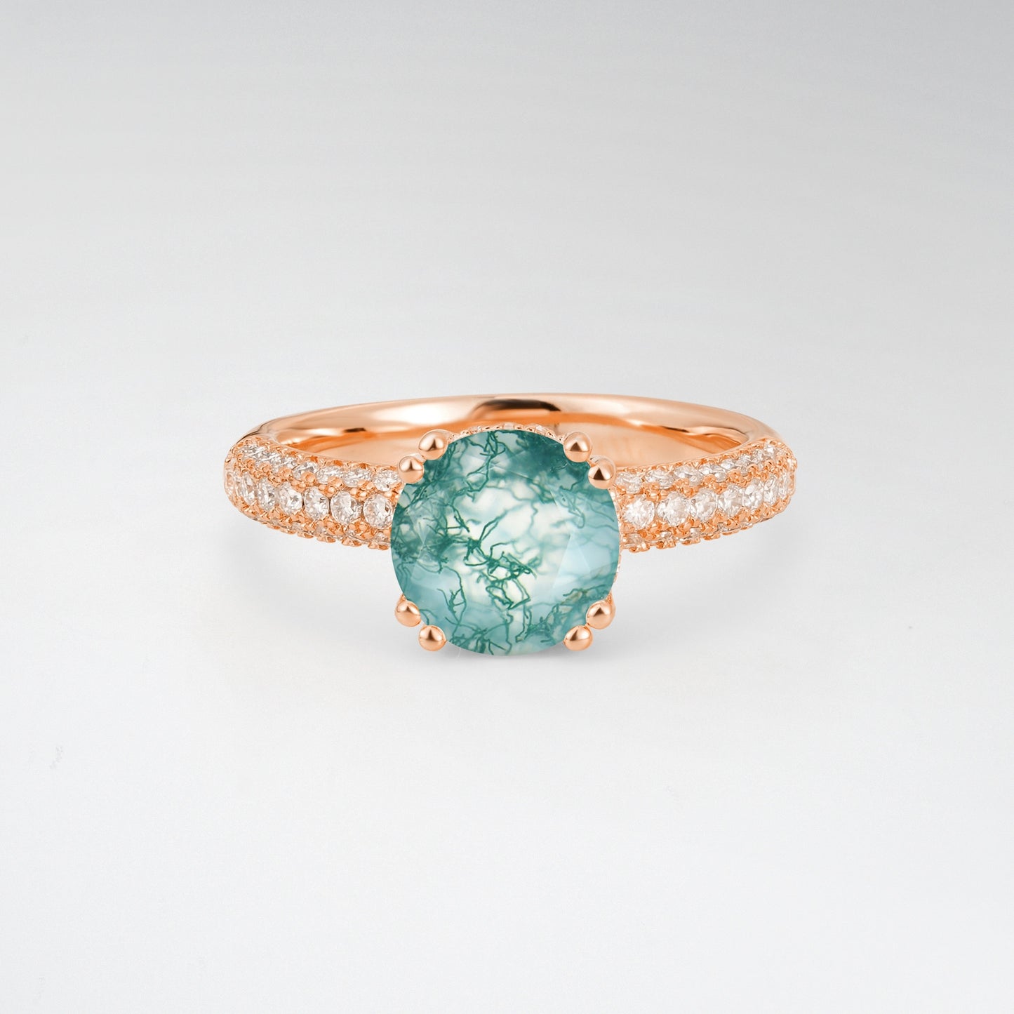 Luxurious Round Cut Moss Agate 1.5CT Triple-Row Pave Band Engagement Ring - Additional view