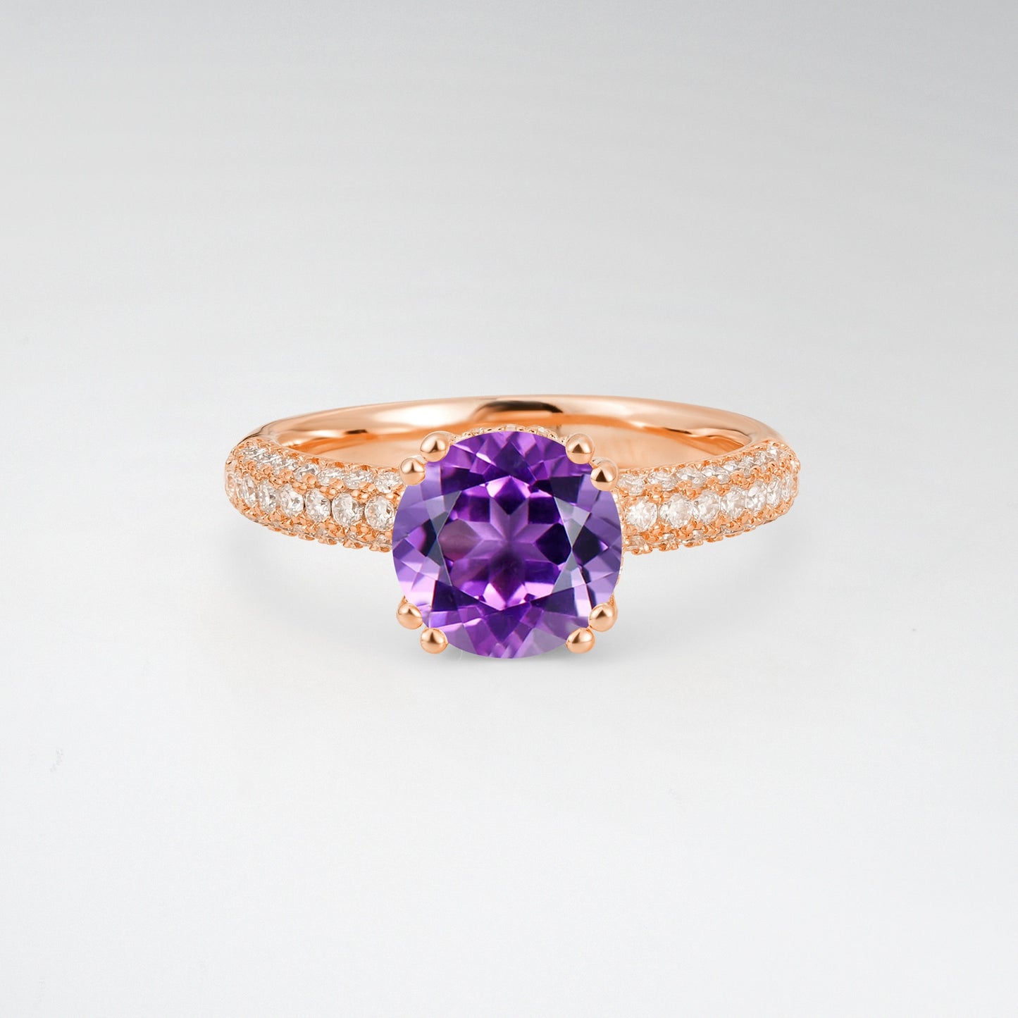 Luxurious Round Cut Amethyst 1.5CT Triple-Row Pave Band Engagement Ring - Additional view