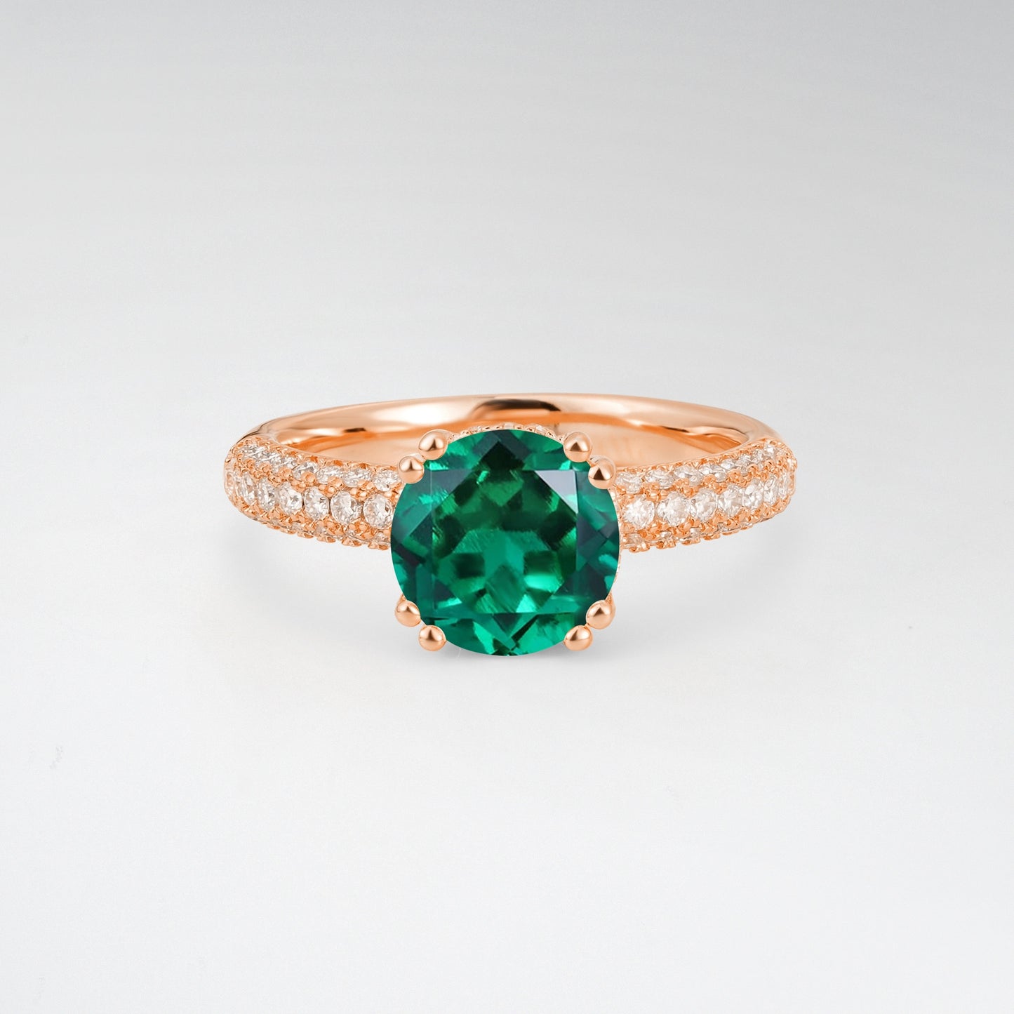 Luxurious Round Cut Emerald 1.5CT Triple-Row Pave Band Engagement Ring - Additional view