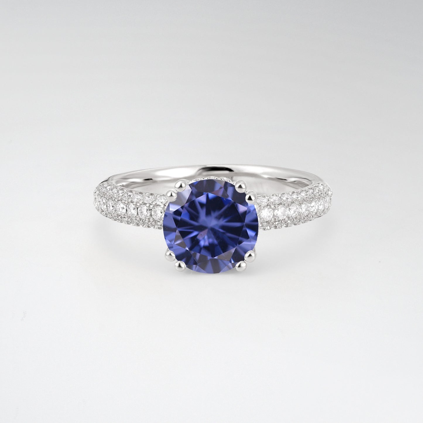 Luxurious Round Cut Tanzanite 1.5CT Triple-Row Pave Band Engagement Ring - Additional view