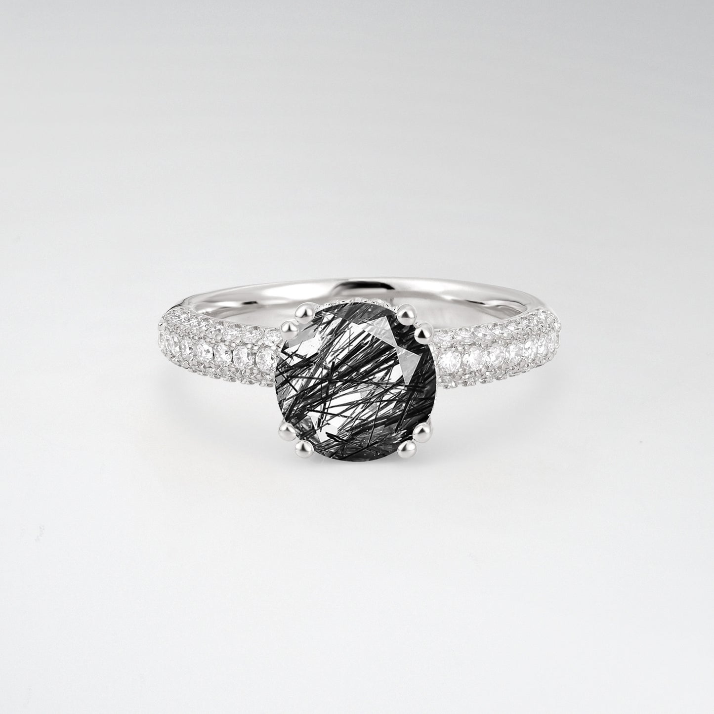 Luxurious Round Cut Black Rutilated Quartz 1.5CT Triple-Row Pave Band Engagement Ring - Additional view