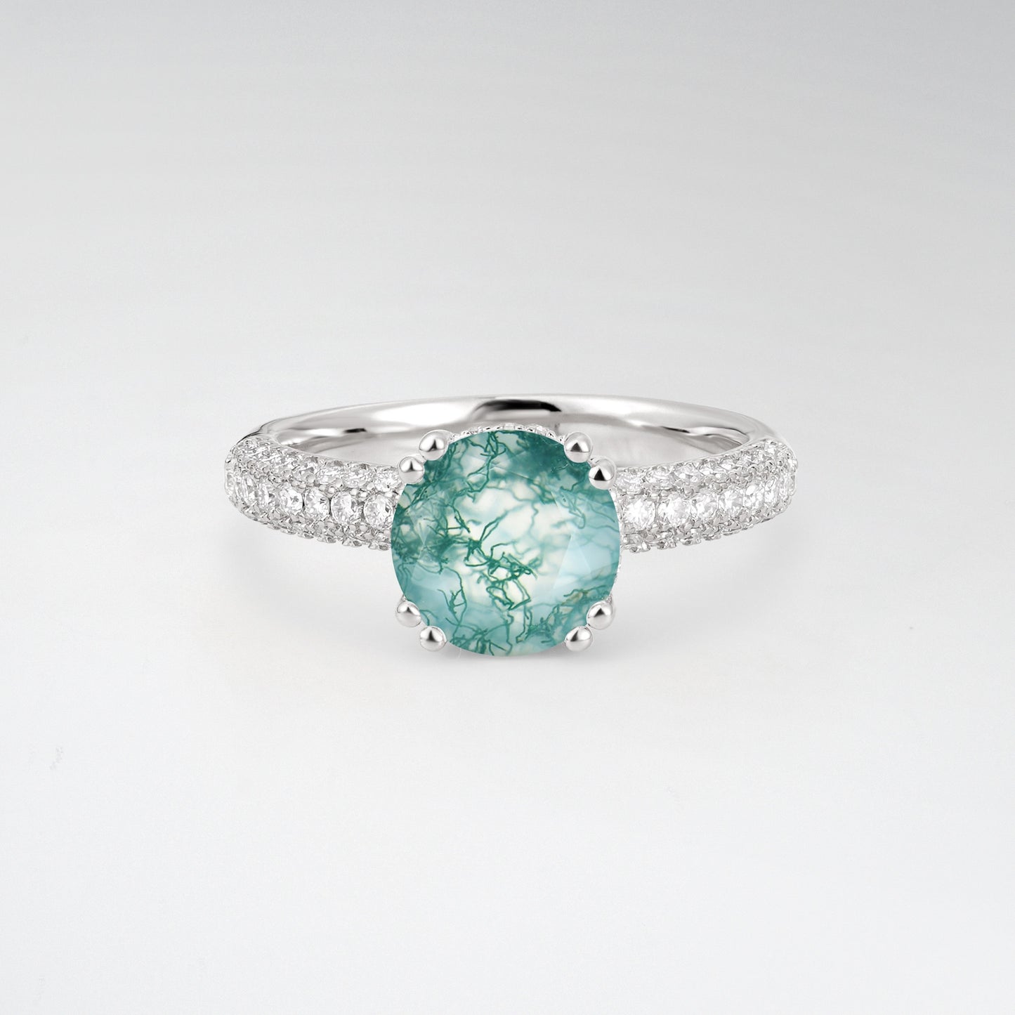 Luxurious Round Cut Moss Agate 1.5CT Triple-Row Pave Band Engagement Ring - Additional view