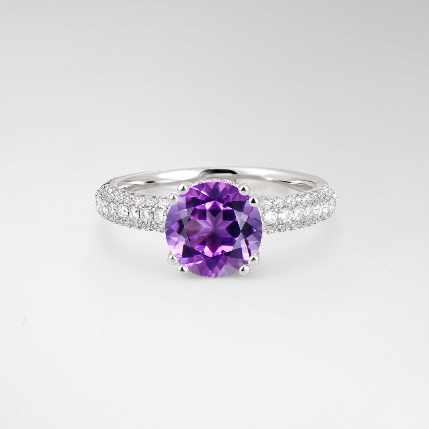 Luxurious Round Cut Amethyst 1.5CT Triple-Row Pave Band Engagement Ring - Additional view