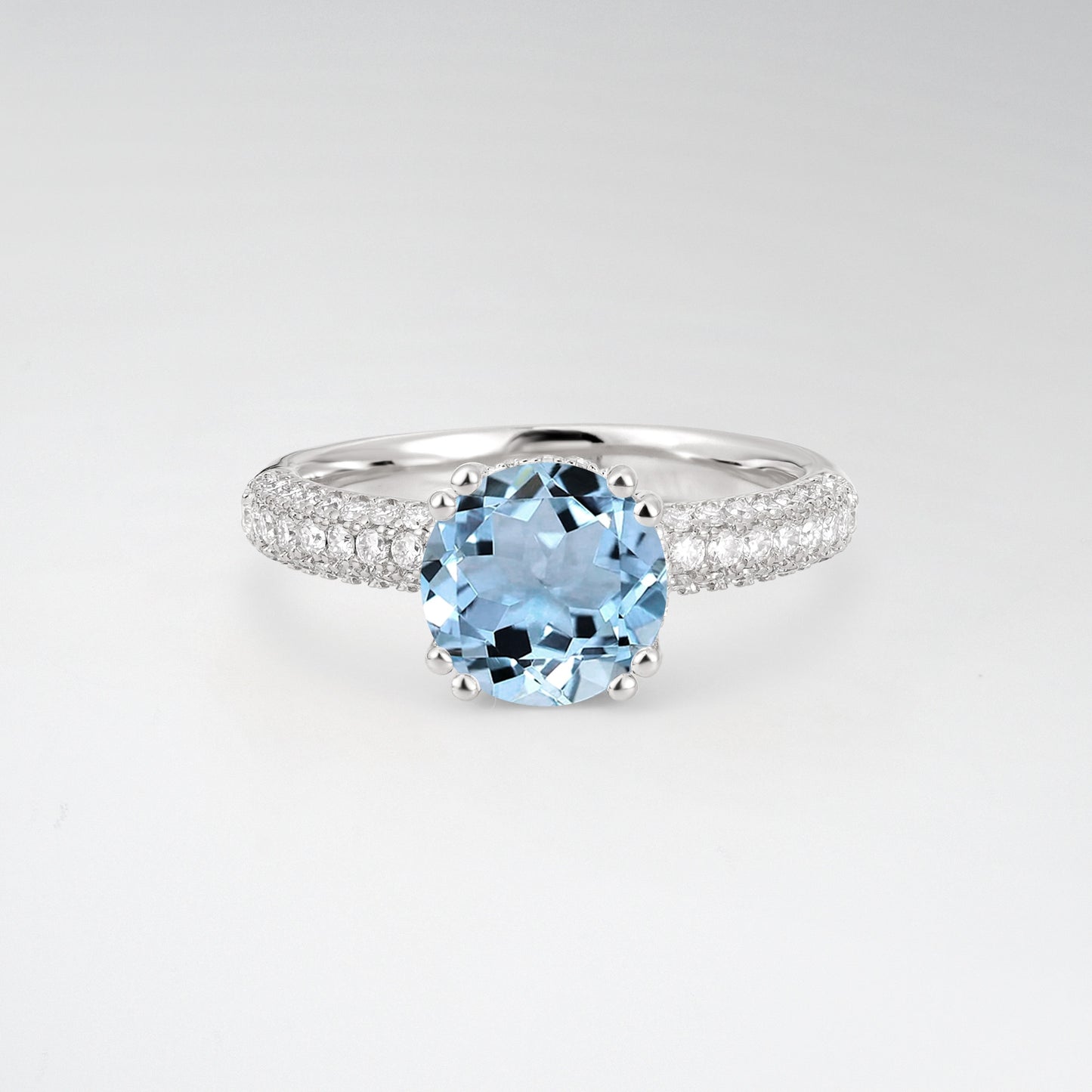 Luxurious Round Cut Aquamarine 1.5CT Triple-Row Pave Band Engagement Ring - Additional view