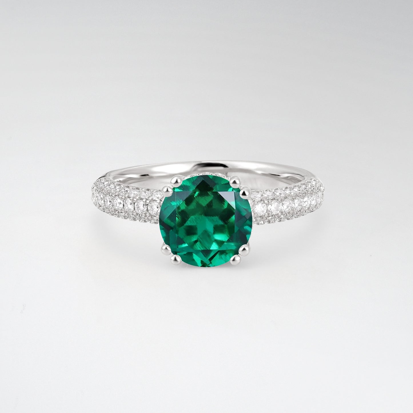 Luxurious Round Cut Emerald 1.5CT Triple-Row Pave Band Engagement Ring - Additional view