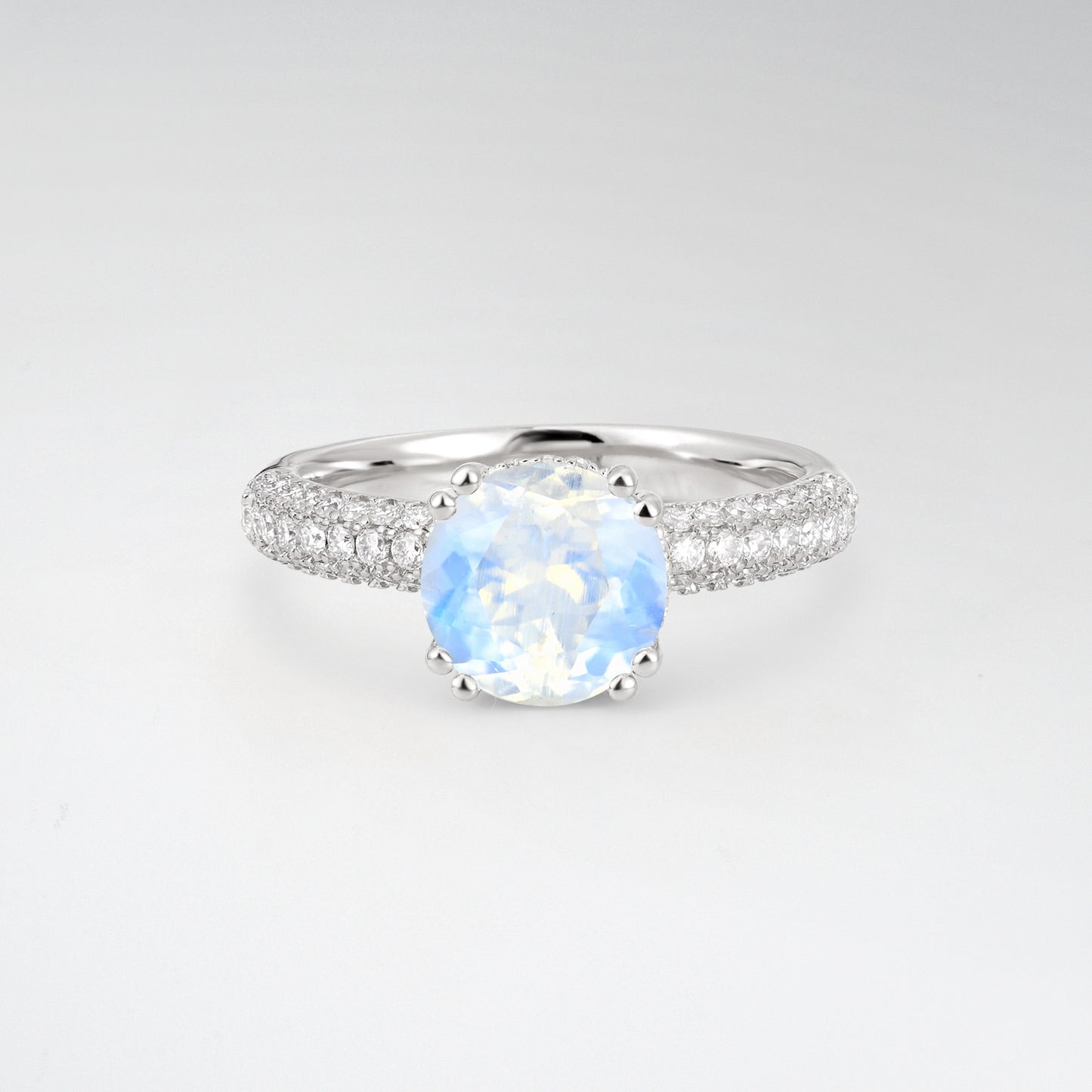Luxurious Round Cut Moonstone 1.5CT Triple-Row Pave Band Engagement Ring - Additional view