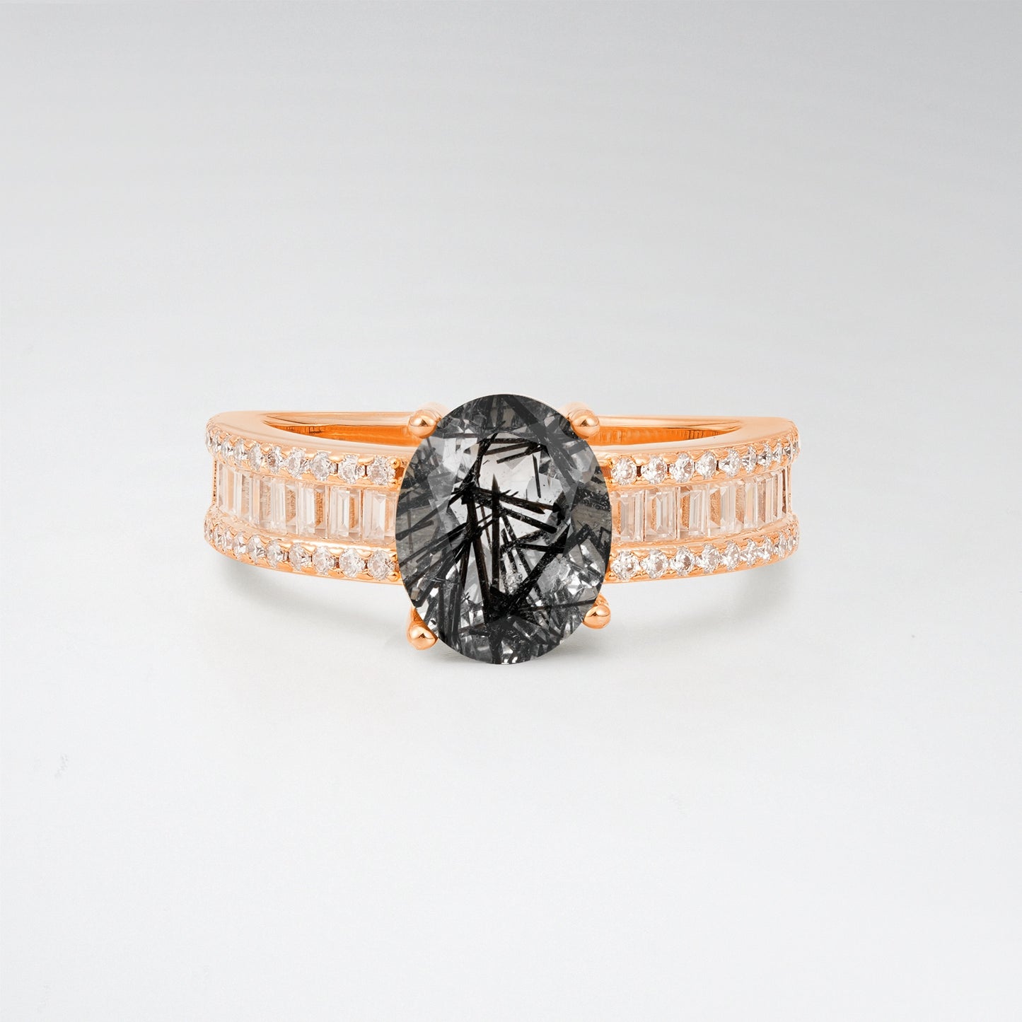 3CT Oval Cut Black Rutilated Quartz Vintage Baguette Channel Set Engagement Ring - Additional view
