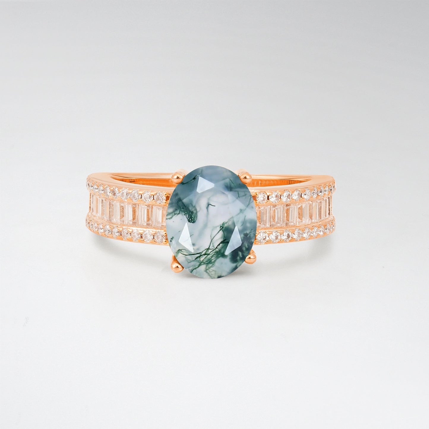 3CT Oval Cut Moss Agate Vintage Baguette Channel Set Engagement Ring - Additional view