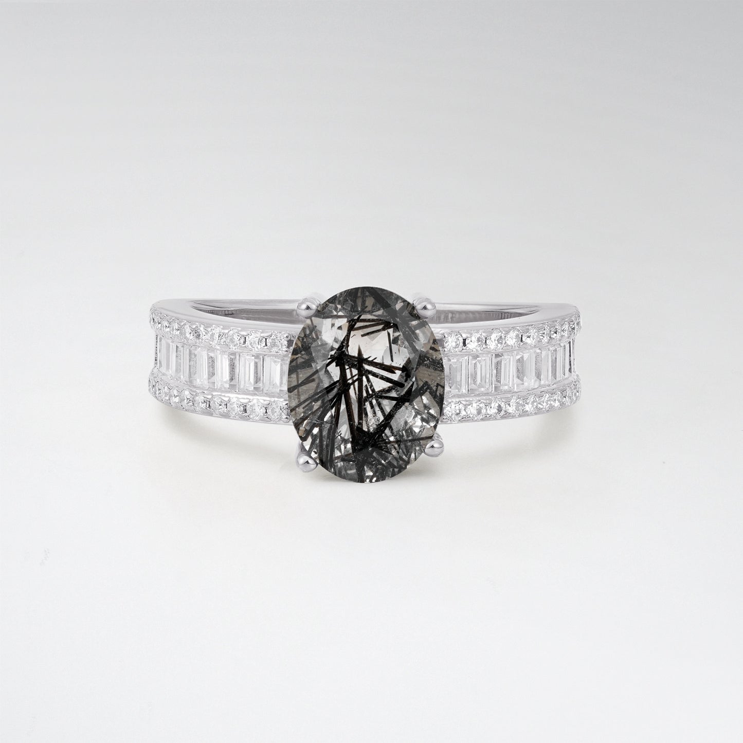3CT Oval Cut Black Rutilated Quartz Vintage Baguette Channel Set Engagement Ring - Additional view