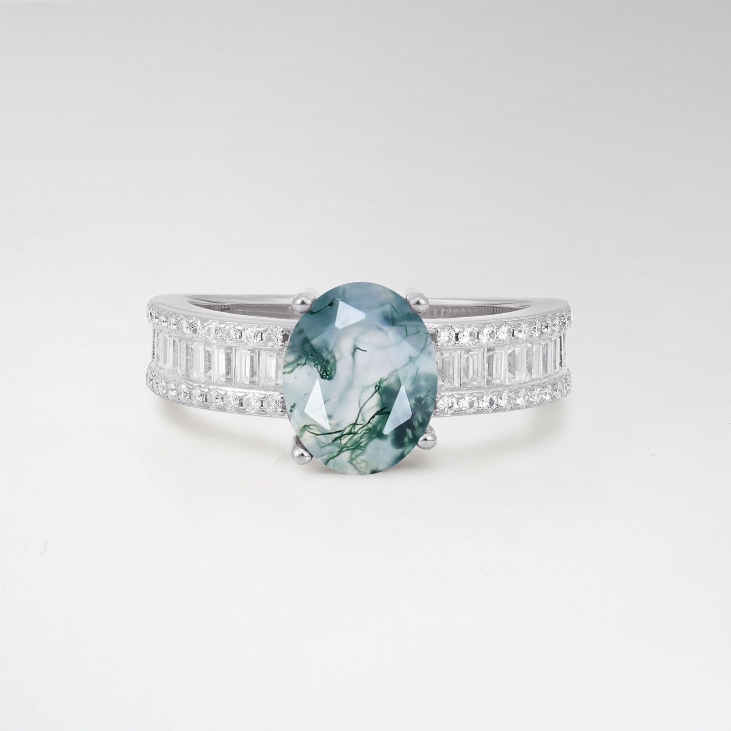 3CT Oval Cut Moss Agate Vintage Baguette Channel Set Engagement Ring - Additional view